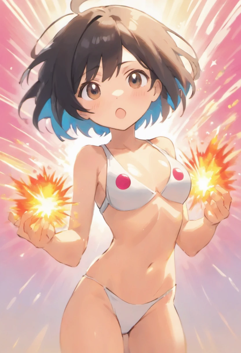 masterpiece, super fine illustration, best quality, light particles, ultra-detailed, (bright colors:1.2),animated painting, ((anime screencap:1.2)), front view, breast focus,
solo, (1girl),black hair,short hair,bob cut,brown eyes, (flat chest:1.5),
(embarrassed,in heat,orgasm:1.3),
camisole,(trembling:1.4),erect nipples,
(white background:1.2), no background,