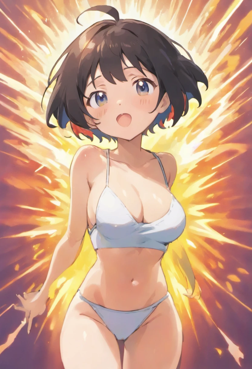 masterpiece, super fine illustration, best quality, light particles, ultra-detailed, (bright colors:1.2),animated painting, ((anime screencap:1.2)), front view, breast focus,
solo, (1girl),black hair,short hair,bob cut,brown eyes, (flat chest:1.5),
(embarrassed,in heat,orgasm:1.3),
camisole,(trembling:1.4),erect nipples,
(white background:1.2), no background,