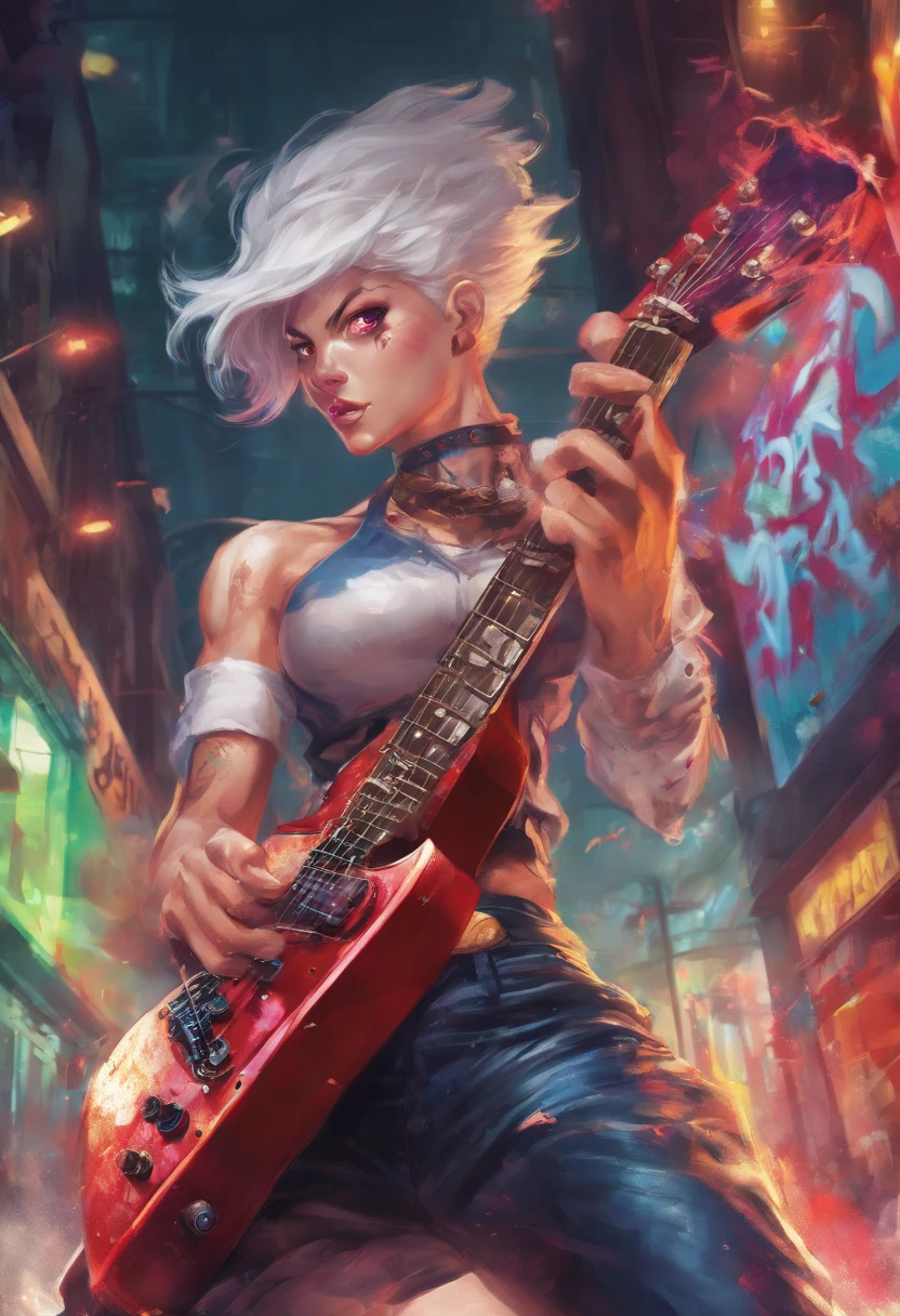 (best quality,4k,8k,highres,masterpiece:1.2),ultra-detailed,(realistic,photorealistic,photo-realistic:1.37),girl with white short hair,beautiful detailed eyes,beautiful detailed lips,extremely detailed eyes and face,long eyelashes,leather jacket,tattoos on arms, legs and neck,playing electric guitar,spirits emanating from the electric guitar,expressive facial expression,dynamic pose,strong and confident,rock and roll vibe,vibrant colors,gritty background with graffiti art,vintage lighting style,high contrast,bokeh.