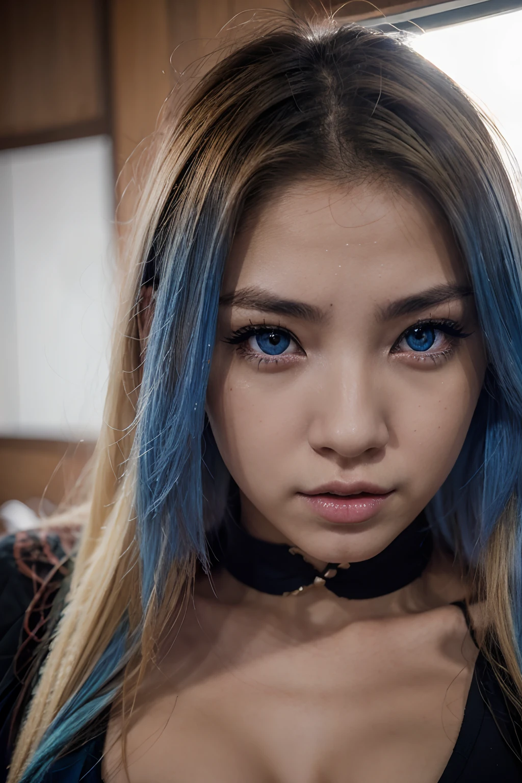 mujer sexy, con rasgos japoneses, con ojos grandes color azul, blonde hair, mordiendose los labios, tomandose una foto de cuerpo completo con disfraz demon girl.