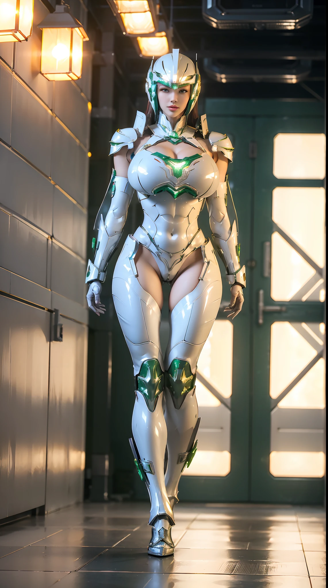 (1GIRL), (ssmile, red_libs, dark_hair), (phoenix mecha helmet:1.2), (BIG BUTTOCKS, HUGE BOOBS:1.5), (PHOENIX MECHA GUARD ARM, GLOVES:1.3), (white, green, MECHA CYBER SHINY ARMORED SUIT, PHOENIX CAPE, CLEAVAGE, MECHA SKINTIGHT PANTS, GUARD ARMOR LEGS, HIGH HEELS:1.4), (NSFW MUSCULAR BODY, SEXY LONG LEGS, FULL BODY:1.5), (MUSCLE ABS:1.2), (LOOKING AT VIEWER:1.2), (WALKING DOWN HALLWAY OF FUTURISTIC SPACE STATION, BRIGHT LIGHTING IN THE ROOM:1), PHYSICALLY-BASED RENDERING, ULTRA HIGHT DEFINITION, 16K, 1080P.