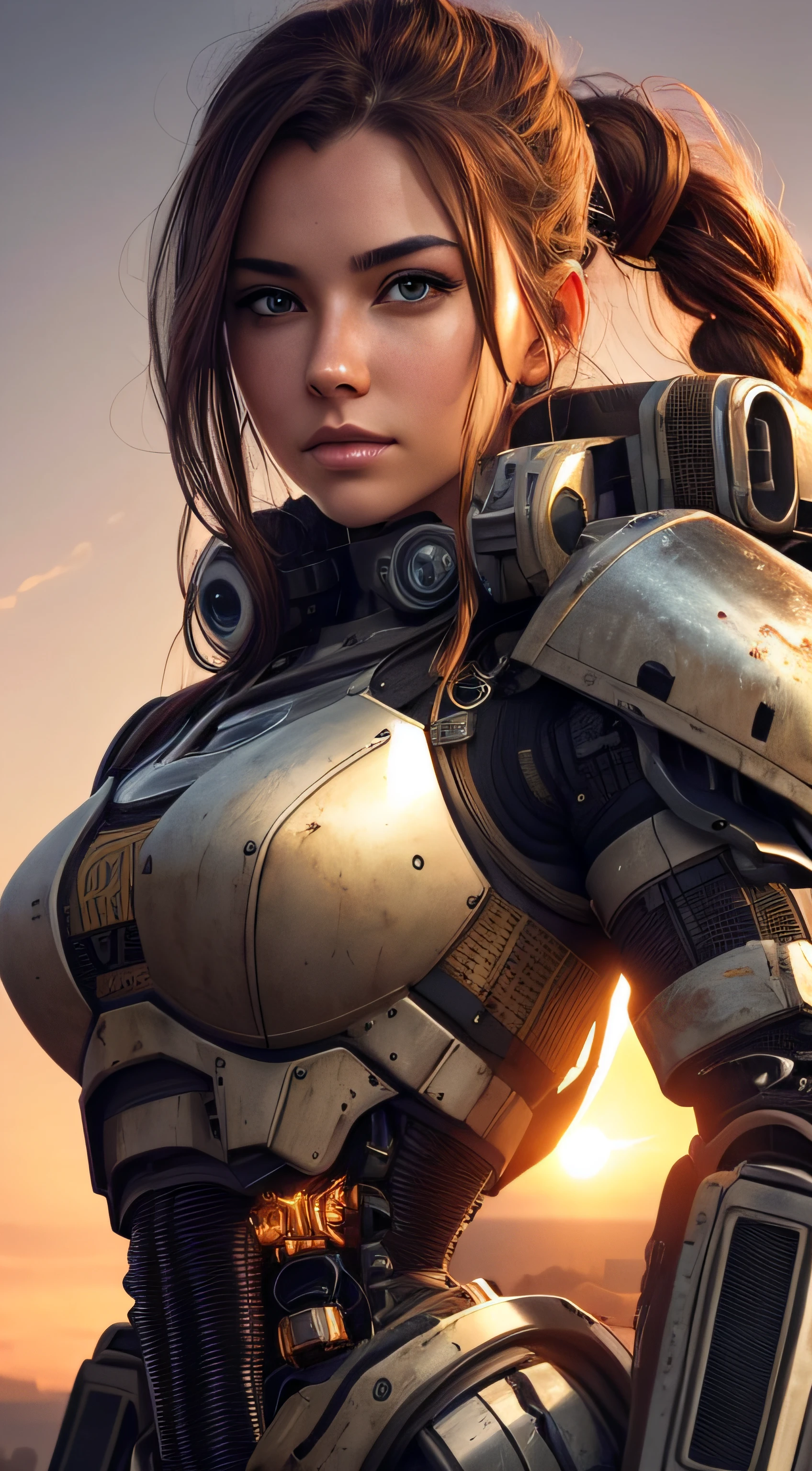 (best quality,highres),realistic, detailed face, beautiful young woman in a bulky armored robot with a hydraulic biomechanical exoskeleton, sweaty, sunset, long hair, cyberpunk, post-apocalyptic