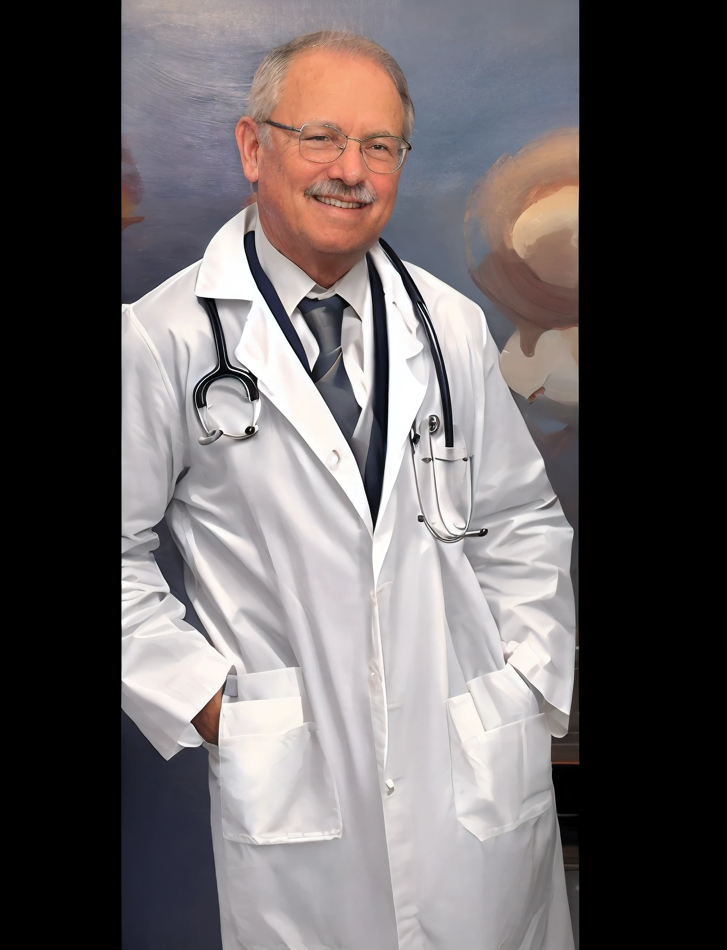 67-year-old doctor in white coat and tie with stethoscope around neck standing in front of a painting, Wearing a lab coat and glasses and a mustache