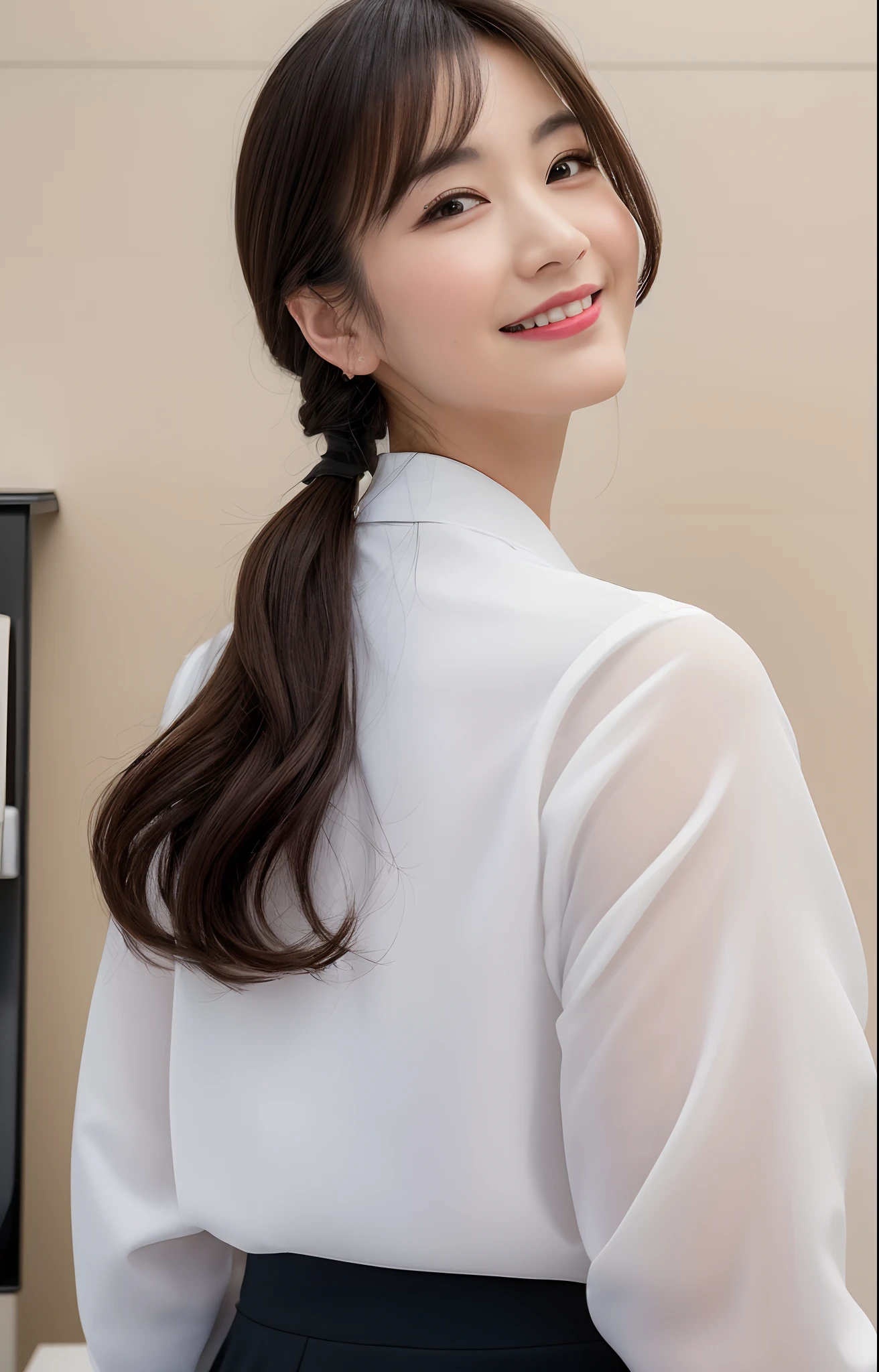 (Best quality, 8k, 32k, Masterpiece, UHD:1.2), from behind, 1 walking girl, beautiy Japanese office lady, (smile:0.5), (looking at the the viewer), 30 years old, bit chubby, white shirt, black skirt, office room, desk, detailed beautiful face, wavy pony-tail hair, from below,
