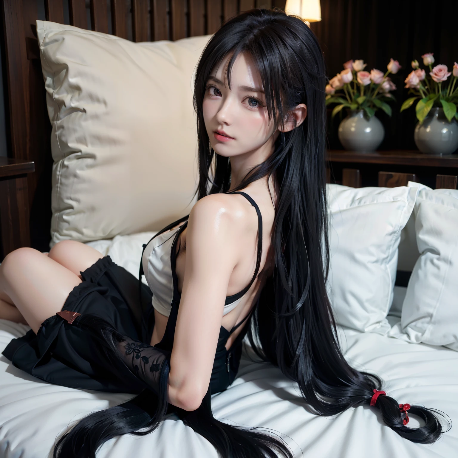 Girl, long black hair, Itachi&#39;s female appearance, black and red robes, sharingan eyes, background in konoha