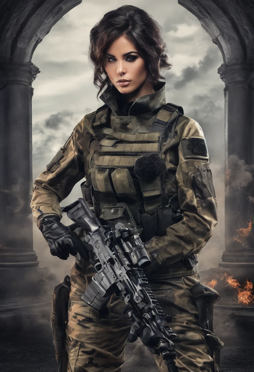 "(best quality,highres:1.2),realistic,portrait,Latina female soldier with short hair,beautiful detailed eyes,beautiful detailed lips,strong,confident,holding a machine gun,firm grip,battlefield background,dusty,smoky,explosions in the distance,intense atmosphere,war,tension,gritty,action-packed"