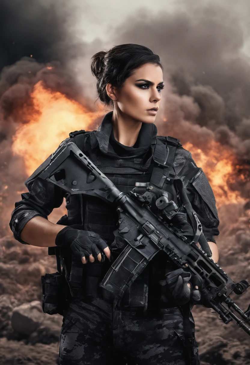 "(best quality,highres:1.2),realistic,portrait,Latina female soldier with short hair,beautiful detailed eyes,beautiful detailed lips,strong,confident,holding a machine gun,firm grip,battlefield background,dusty,smoky,explosions in the distance,intense atmosphere,war,tension,gritty,action-packed"