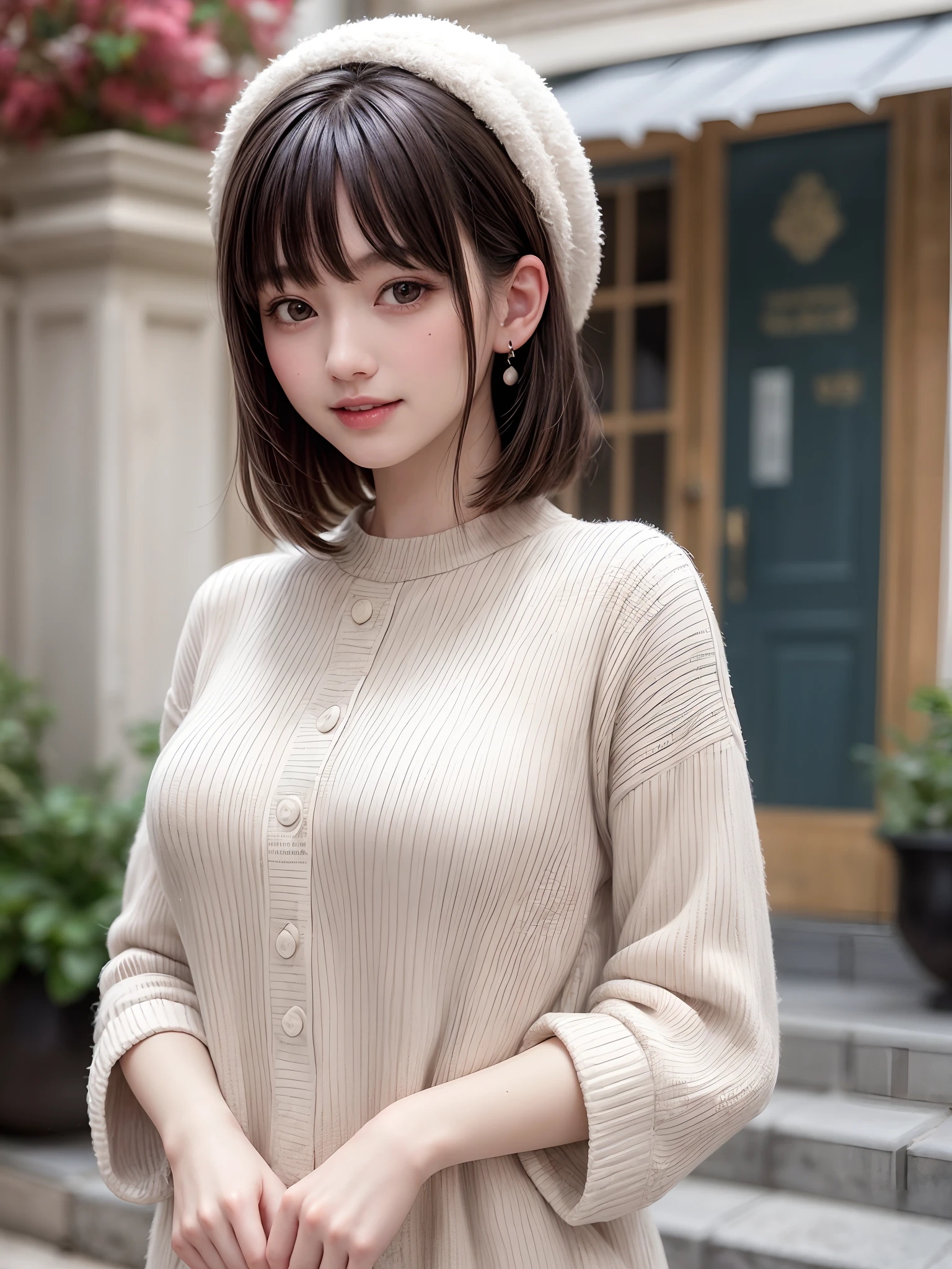 (masterpiece, top-quality、Very attractive adult beauty、Add intense highlights to the eyes、Look firmly at the camera),1girl in, 独奏, A dark-haired, scarf, Hats,, realisitic, looking at the viewers, black eyes of light color, shorth hair, coat, Winter clothes, White headscarf, s lips, lipgloss,bangss, The upper part of the body、big eye、Lashes)、((Road system in Italy))、((Shorthair with bangs、big eye、Put very strong highlights in your students、very Bigger breasts、gazing at viewer、Very beautiful beauty、Put your ears out、long neck、little smiling、Beautiful teeth、Open your mouth and smile))、28 year old、Very cute supermodel