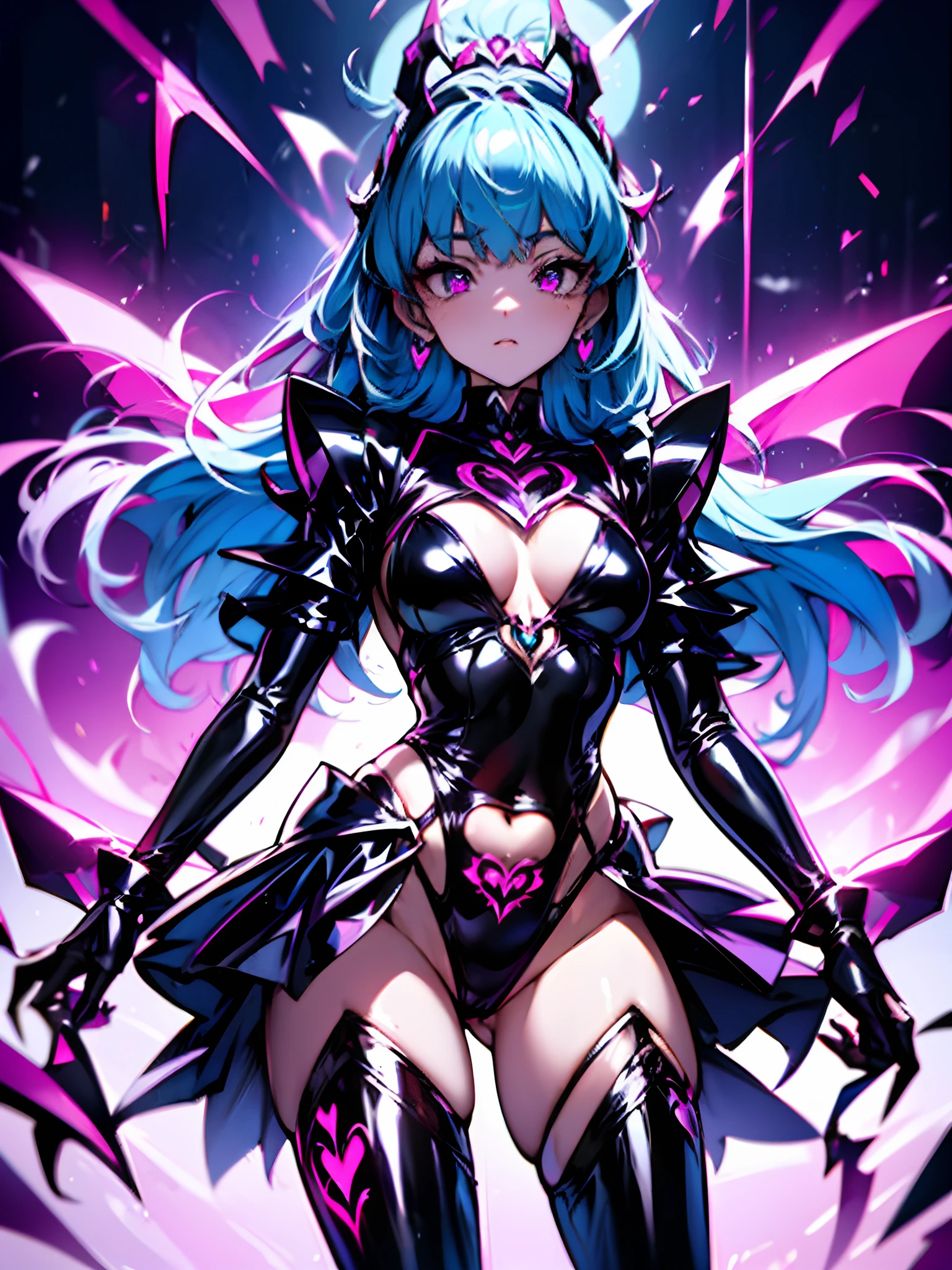 Evil magical girl in revealing costume standing alone. Her outfit consists of latex fabric and transparent tights. She wears sharp black bikini armor. Sharp-angled hair ornament on her head. Sharp claws on her fingertips. Heart tattoo around her navel. Eyes shining with light. Futuristic machine in the background