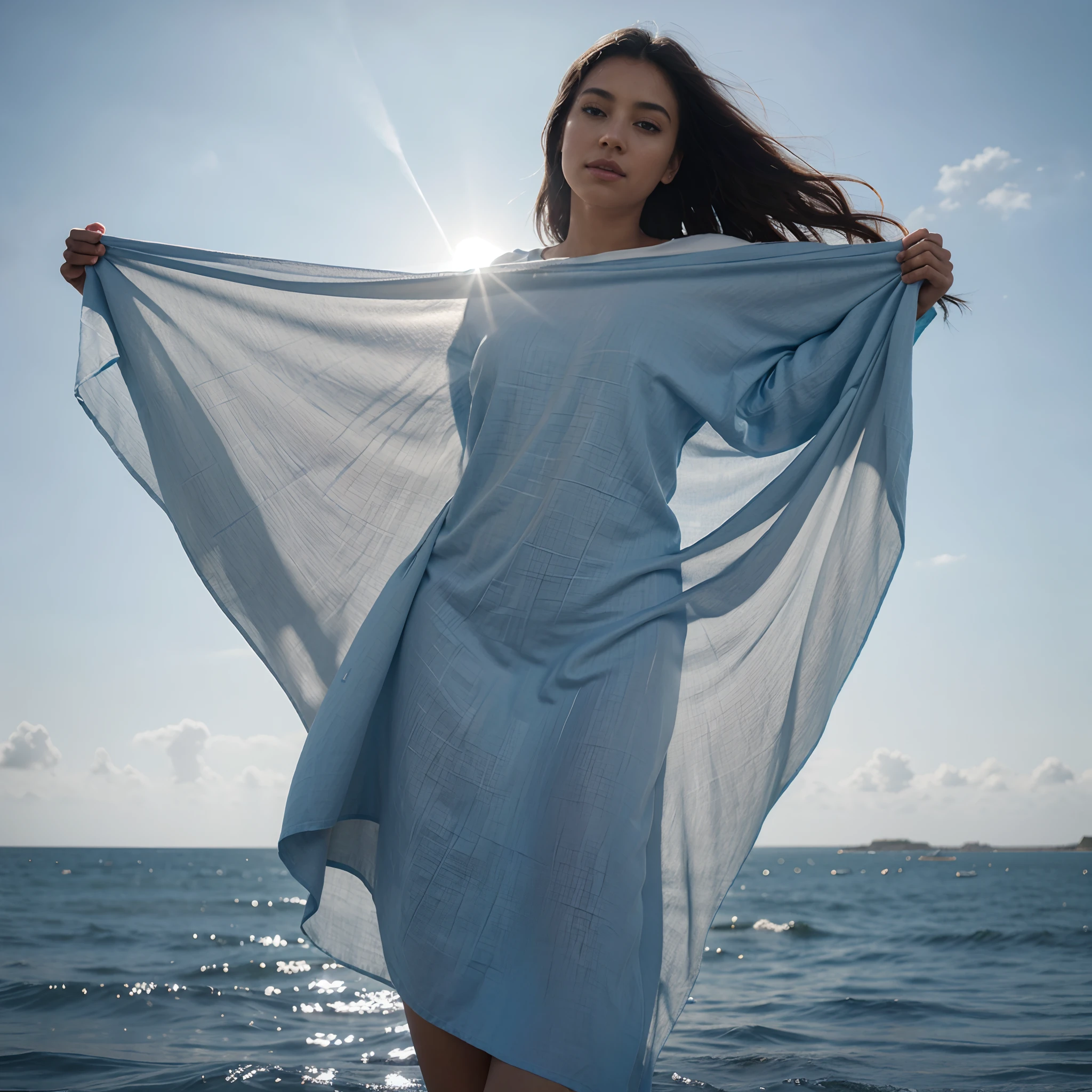Wide angle shot of Blue soft linen pieces of cloth covering a black woman from head to toe,  floating above a grey surface, wind blowing in the scene, empty area with blue and white background, soft light shining in the scene, with iridescent light, cinematic lighting, artgerm style, photorealistic image, 32k, ultra HD, unreal engine rendered, arthouse imagery