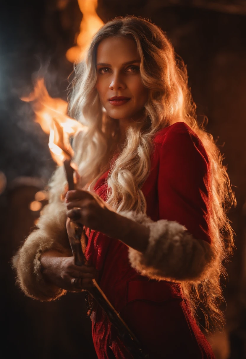 Give me a white girl with blonde hair red suit and a fire sword with glowy red eyes