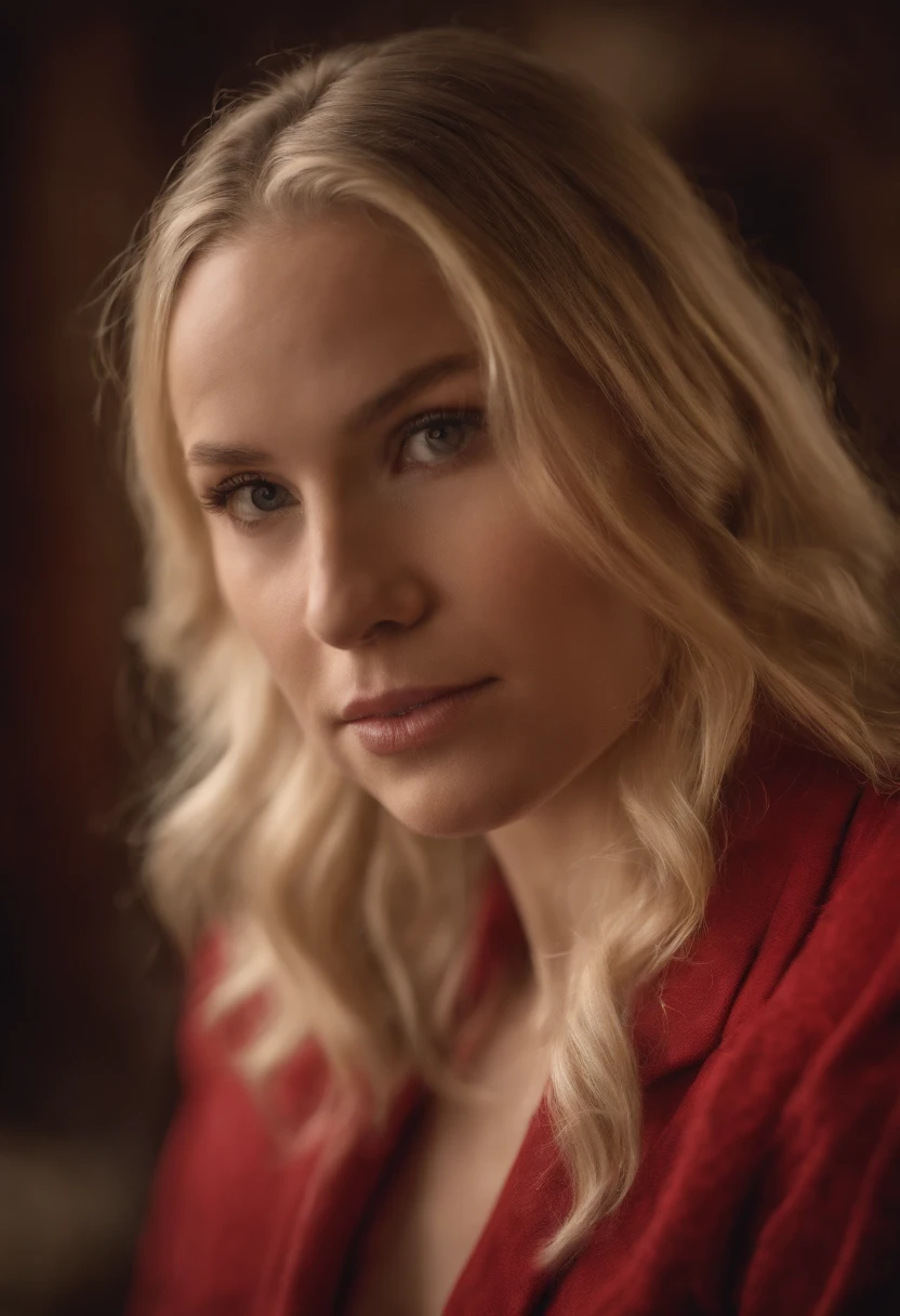 Give me a white girl with blonde hair red suit and a fire sword with glowy red eyes