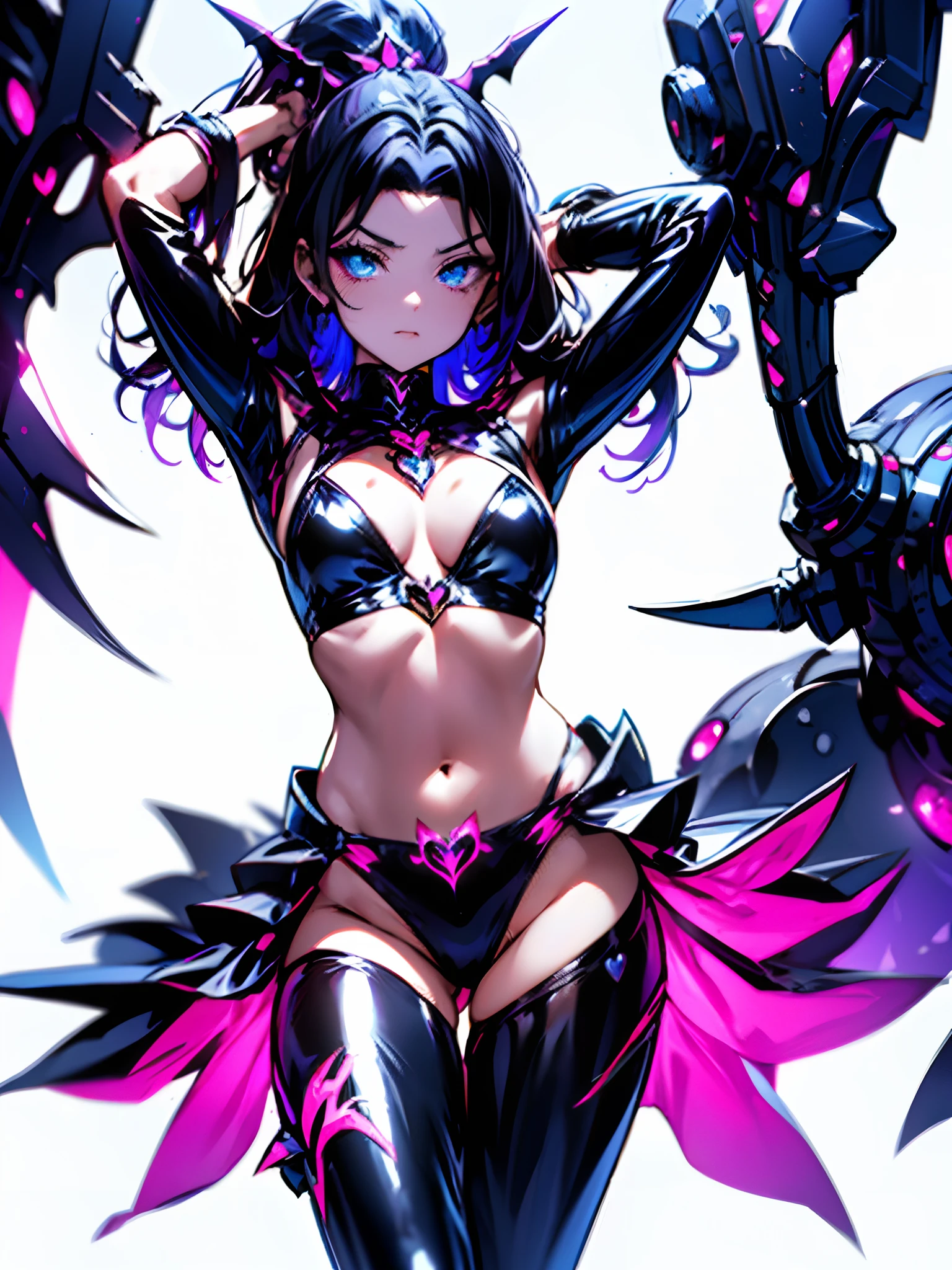 Evil magical girl in revealing costume standing alone. Her outfit consists of latex fabric and transparent tights. She wears sharp black bikini armor. Sharp-angled hair ornament on her head. Sharp claws on her fingertips. Heart tattoo around her navel. Eyes shining with light. Futuristic machine in the background