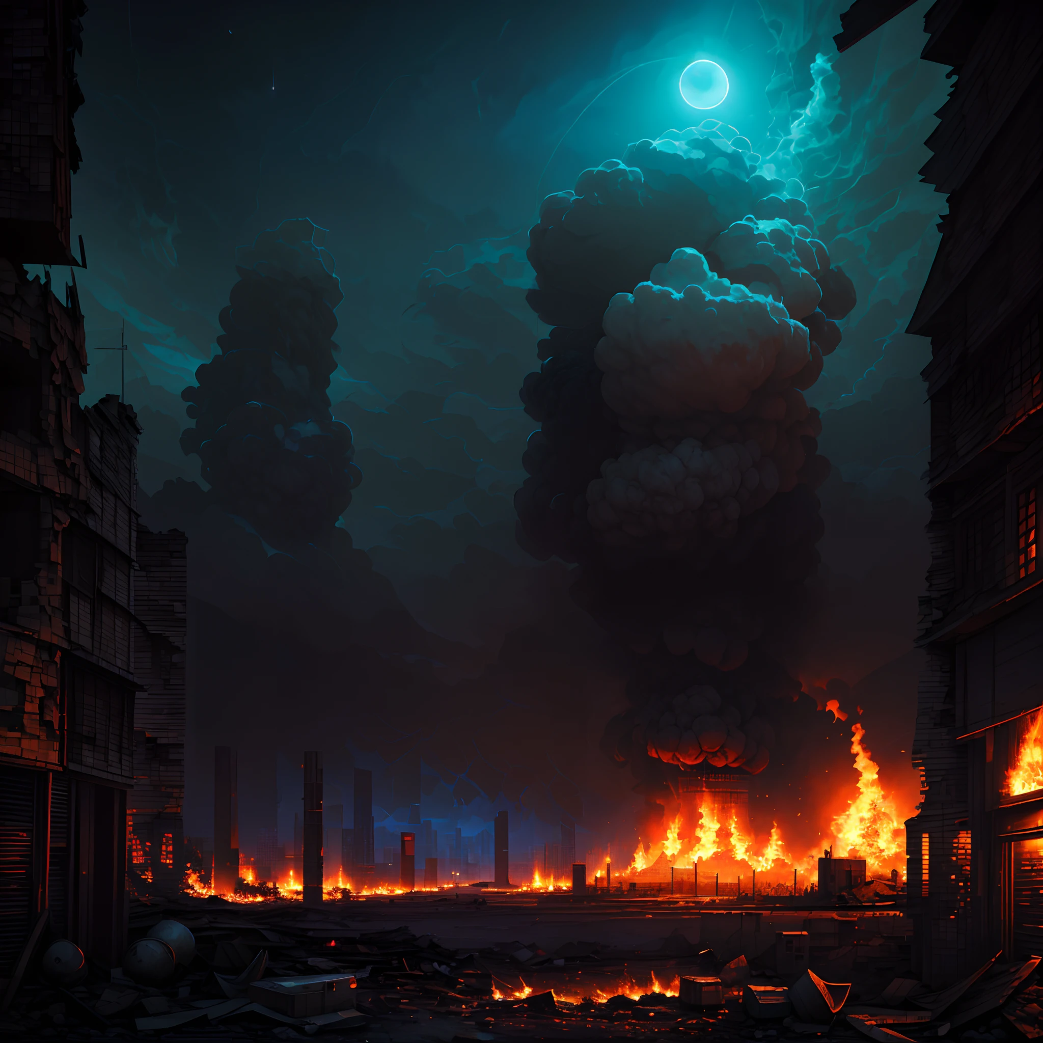 one_eyed，pixel art(Best quality,4K,8K,A high resolution,Masterpiece:1.2),Deep black purple,Color scheme:1.4),A huge urban agglomeration with a Soviet aesthetic，,Nuclear explosions and nuclear bomb explosions,(Armageddon)，Dilapidated city，Dilapidated streets,creating a surreal ambiance. Ruined city bathed in moonlight, Cast an eerie glow on the burning smoke hovering in the air.