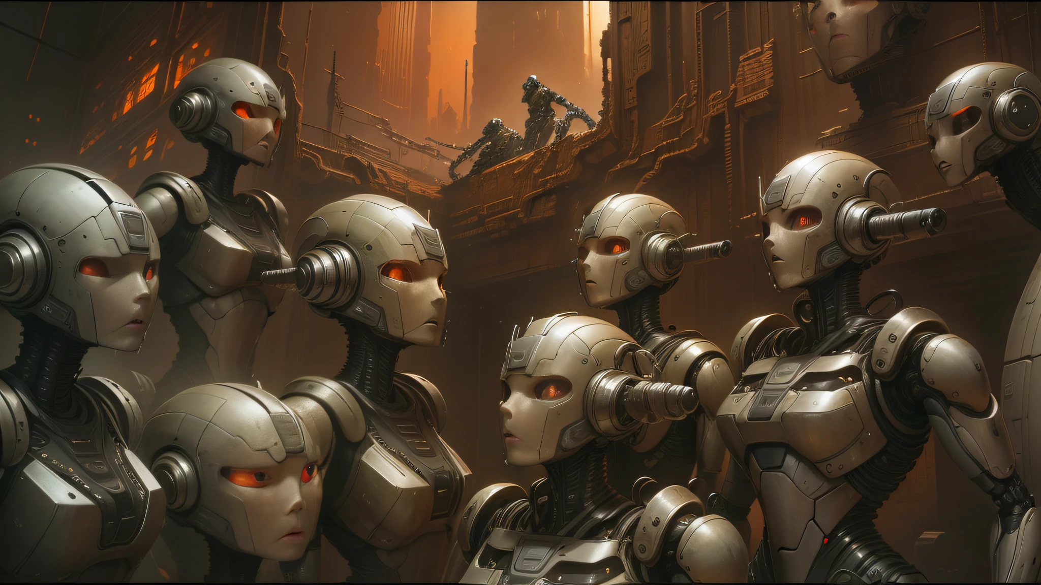 there are many robots that are standing in a room, peter gric and dan mumford, craig mullins nekro, by Peter Gric, style of jim burns, inspired by Stephan Martiniere, cgsociety ), cybernetic civilizations, cybernetic civilisations, fractalpunk, award winning scifi art, by Ian Miller --auto --s2