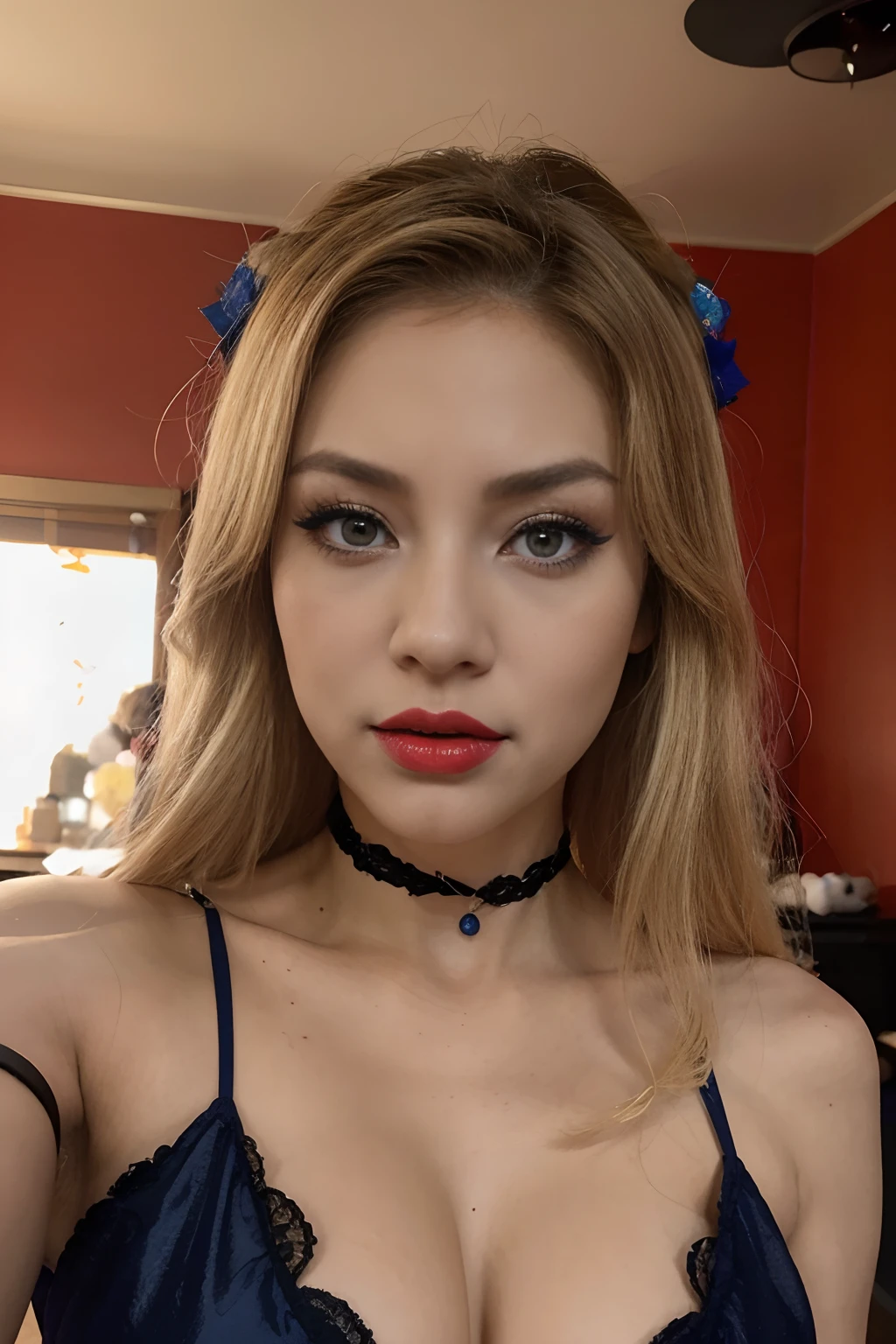 mujer sexy, con rasgos japoneses, en halloween disfrazada like a princess, red lips, con ojos grandes color azul, blonde hair, mordiendose los labios, tomandose una selfie.