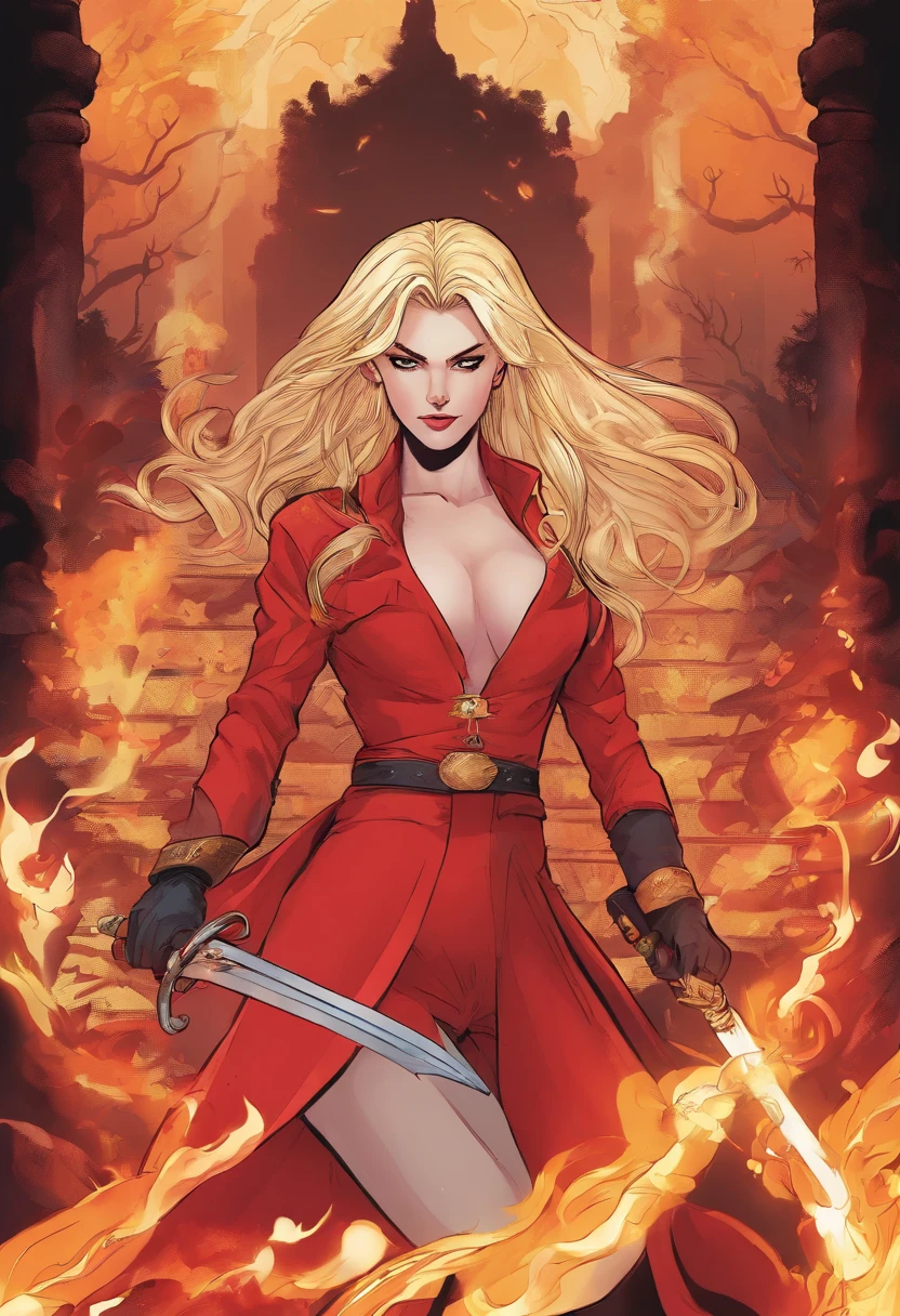 Give me a white girl with blonde hair black and red suit and a fire sword with glowing red eyes with fire powers