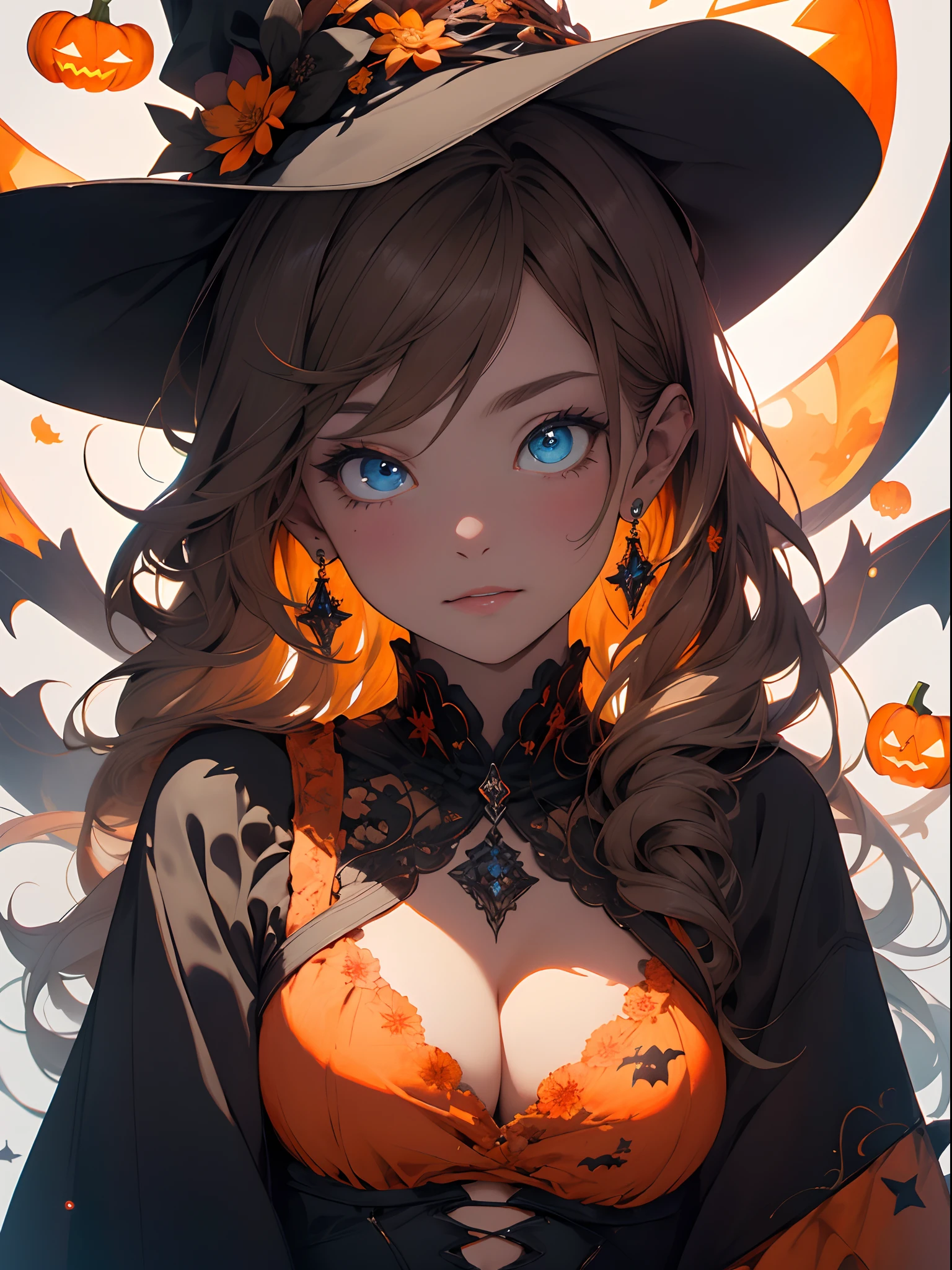 absurdres, highres, ultra detailed,Realistic, (Masterpiece, Superior Quality, Best Quality, Official Art, Beauty and Aesthetics: 1.2), Very Detailed, Fractal Art, Colorful, orange color palette in the background. More Detailed, Zentangle, (Abstract Background: 1.5) (1girl: 1.3), beautiful  witch, pumpkin earrings, pumpkin accessories Brown Skin, Brown Hair, Long Hair, (Bright Blue Eyes),,  Jack-o'-Lantern background, orange flowers, Mysterious, (Magic), witch's white hat and gothic white robe ,Halloween atmosphere,