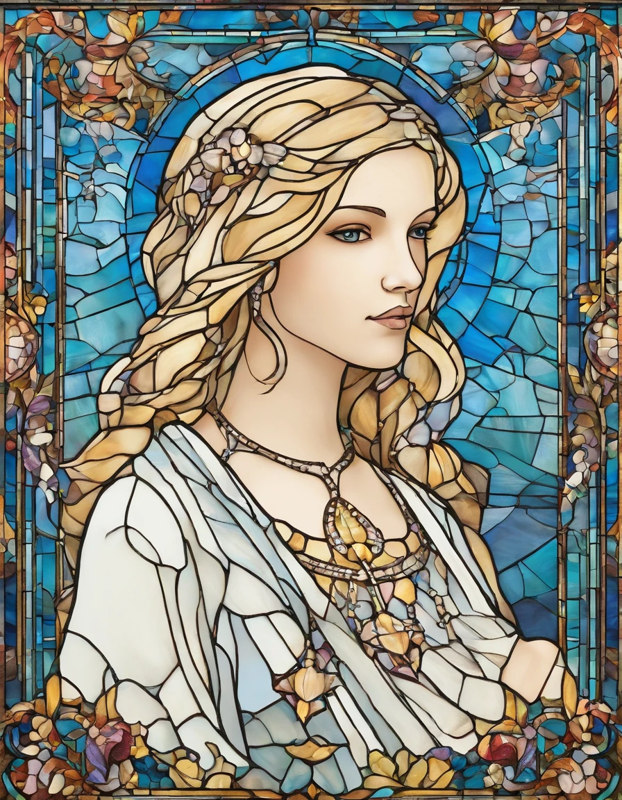 1 , 18 anos, alto, low water, blonde, Bonito, cabelo loiro liso com franja, olhos azuis. White dress with blue command as of Our Lady of Grace. wearing prescription glasses.