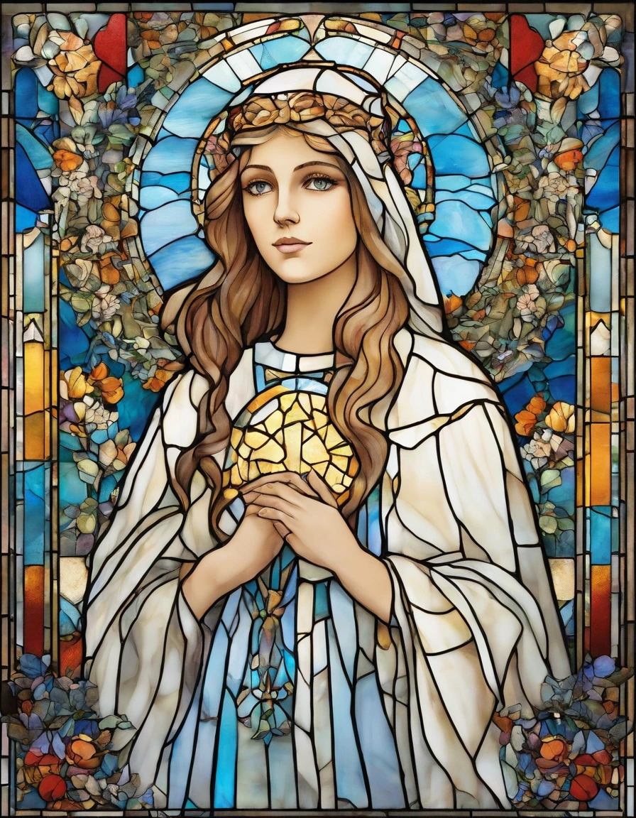 1 , 18 anos, alto, low water, blonde, Bonito, cabelo loiro liso com franja, olhos azuis. White dress with blue command as of Our Lady of Grace. wearing prescription glasses.