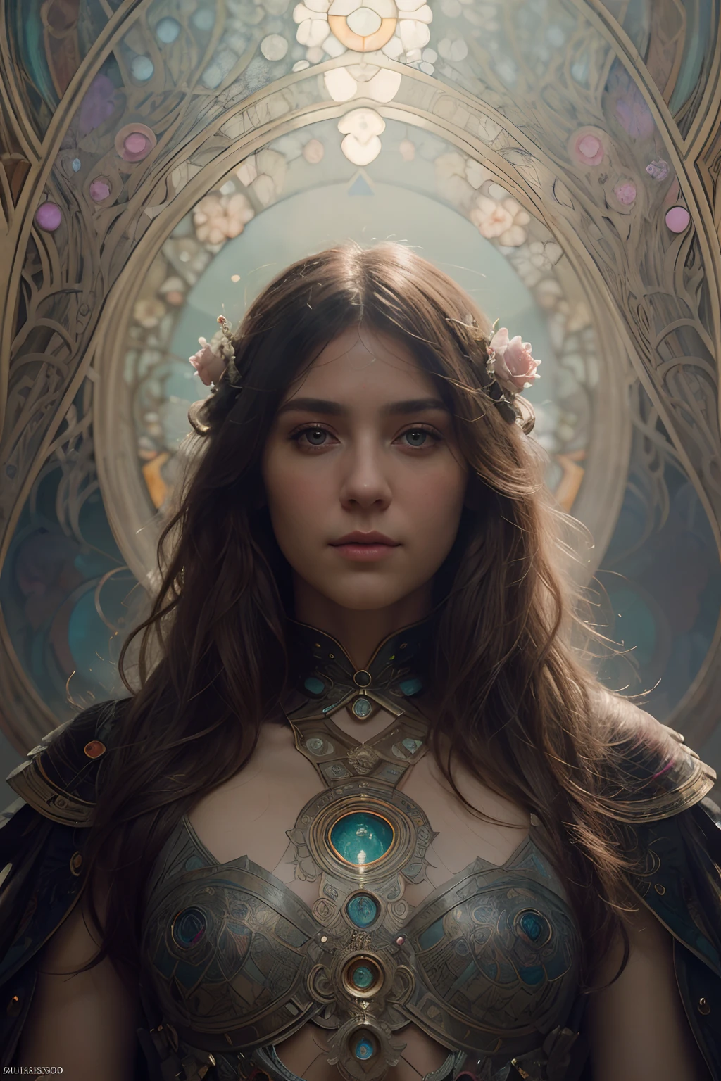 Masterpiece, best quality, (8k, RAW photo: 1.2), (symmetrical background), (1girl), (solo exhibition), Ali Larson's dreamy portrait, dreamy and ethereal, expressive posture, big pink eyes, exciting expression, fantasy, intricate, elegant, lots of rainbow bubbles, rose tones, very detailed, digital painting, artstation, conceptual art, cyberpunk wear, smooth, sharp focus, illustration, artmm and Greg Rutkowski and Alphonski Se Mucha, a work of art by Salvador Dalí.