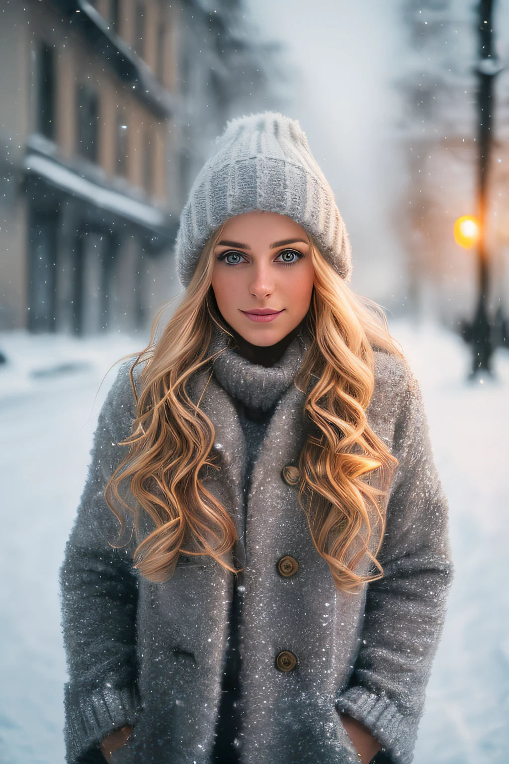 professional portrait photograph of a gorgeous Norwegian girl in winter clothing with long wavy blonde hair, sultry flirty look, (freckles), gorgeous symmetrical face, cute natural makeup, wearing elegant warm winter fashion clothing, ((standing outside in snowy city street)), stunning modern urban environment, ultra realistic, concept art, elegant, highly detailed, intricate, sharp focus, depth of field, f/1. 8, 85mm, medium shot, mid shot, (((professionally color graded))), bright soft diffused light, (volumetric fog), trending on instagram, hdr 4k, 8k