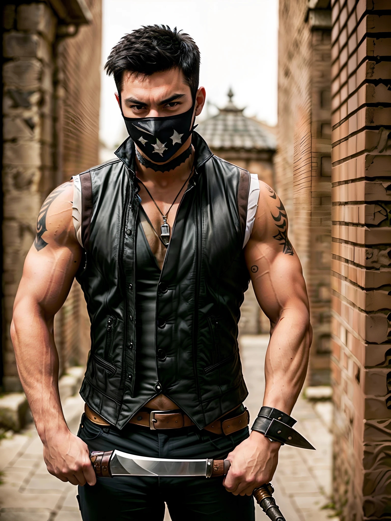 One wears a half-mask，With a dagger in his hand，Handsome，Bad laughs，punks，Sense of oppression，Full body photo，Don't take a headshot，Wear a sleeveless vest on the upper body，Muscular