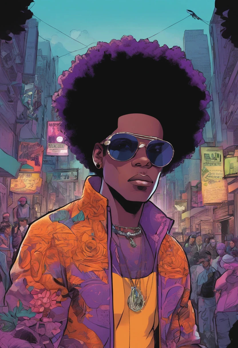 Give me a black boy with a Afro and a purple and black suit he has  glowing purple eyes and the power of mind control and gravity with a big glock in his hand and tattoos on his neck and a nose piercing