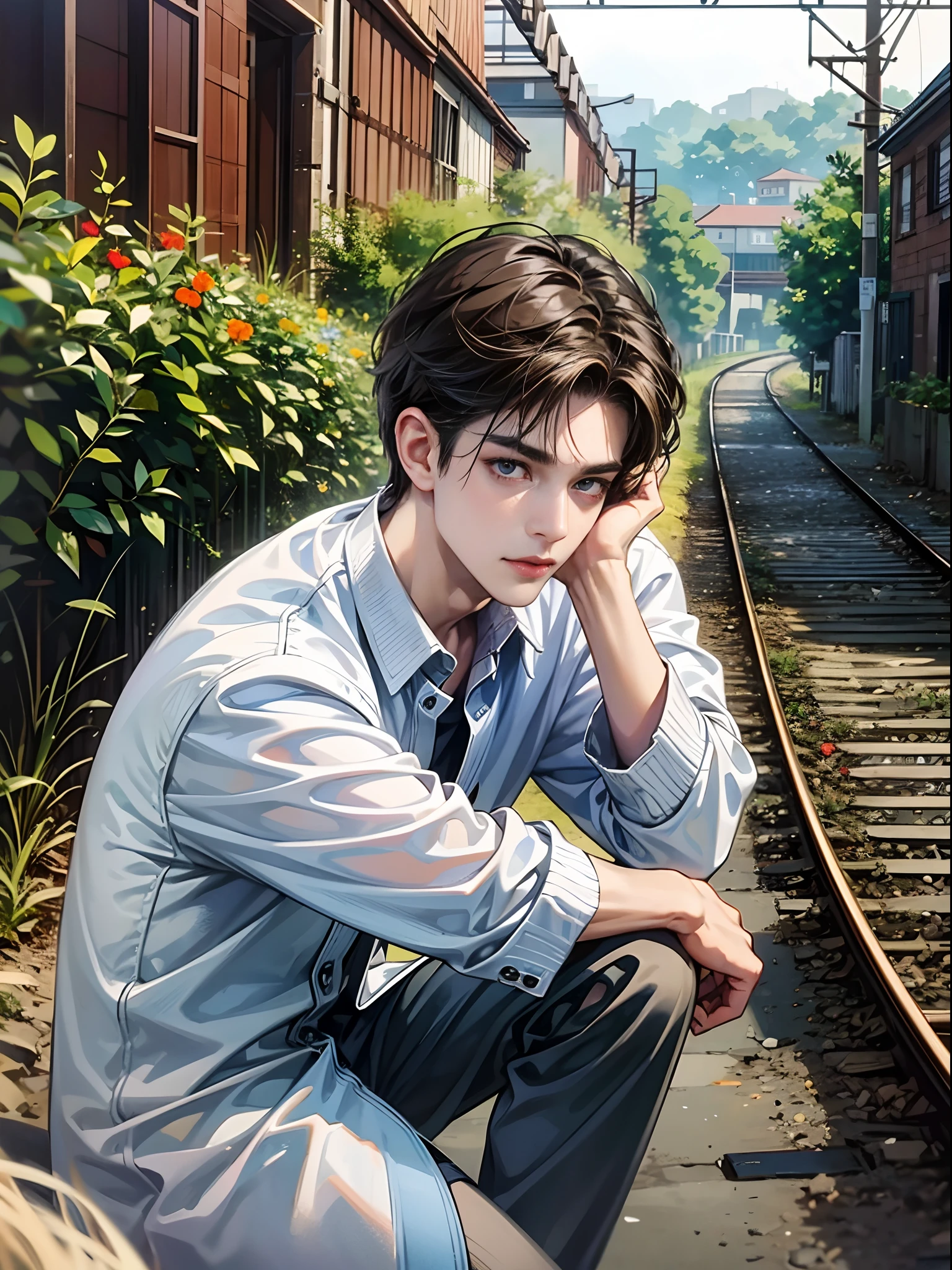 (hoang lap,A high resolution,ultra - detailed,HDR),tmasterpiece,best qualtiy,1boy,独奏,handsome,short detailed hair,dark brown hair,Fine eyes and detailed face,((Loose white T-shirt)),(White jacket),(Pale and white skin),Look at the camera,Ear stitching,sitting on a bench,Place your hands on your face,The background is next to the dilapidated train track.