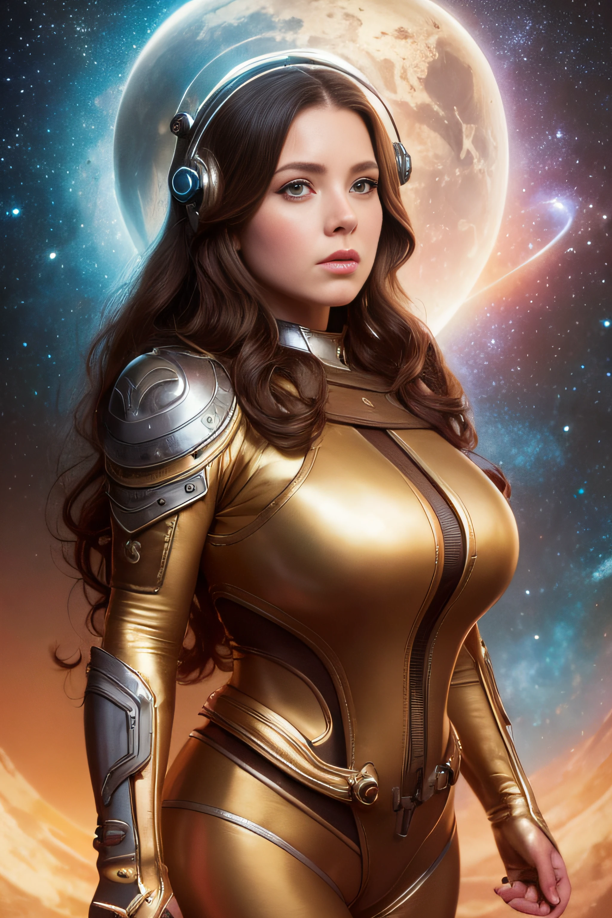Close-up of wearing helmet and SCI - Fiore, Boris Vallejo and Tom Bagshaw, Prophet Graphic Novel, Space artifacts, Inspired by Earl Nolem, Deep Dream, awarded on cgsociety, A bit like Amy Adams, Golden Turquoise Steampunk, 2070 AD , very plump body, beautiful thick female,