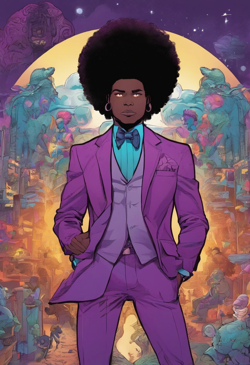 Give me a black boy with a Afro and a purple and black suit he has glowing purple eyes and the power of mind control and gravity