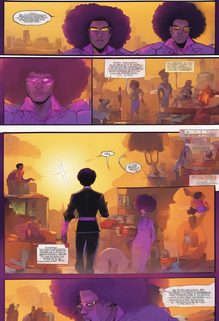 Give me a black boy with a Afro and a purple and black suit he has glowing purple eyes and the power of mind control and gravity