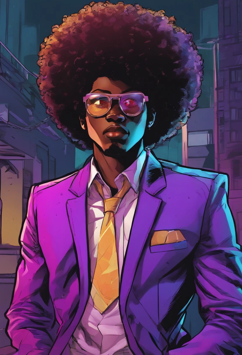 Give me a black boy with a Afro and a purple and black suit he has  glowing purple eyes and the power of mind control and gravity