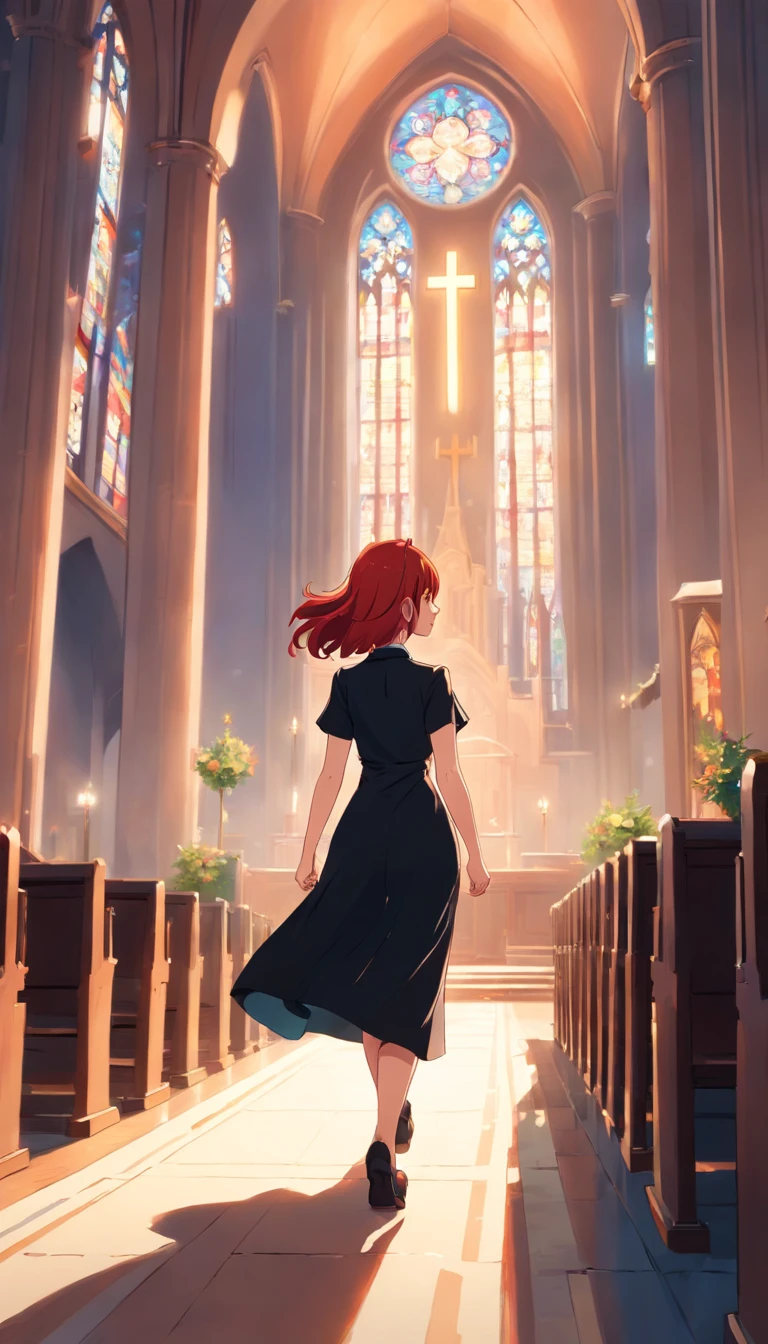 Redhead is wearing a black dress strolling with a church in classic style