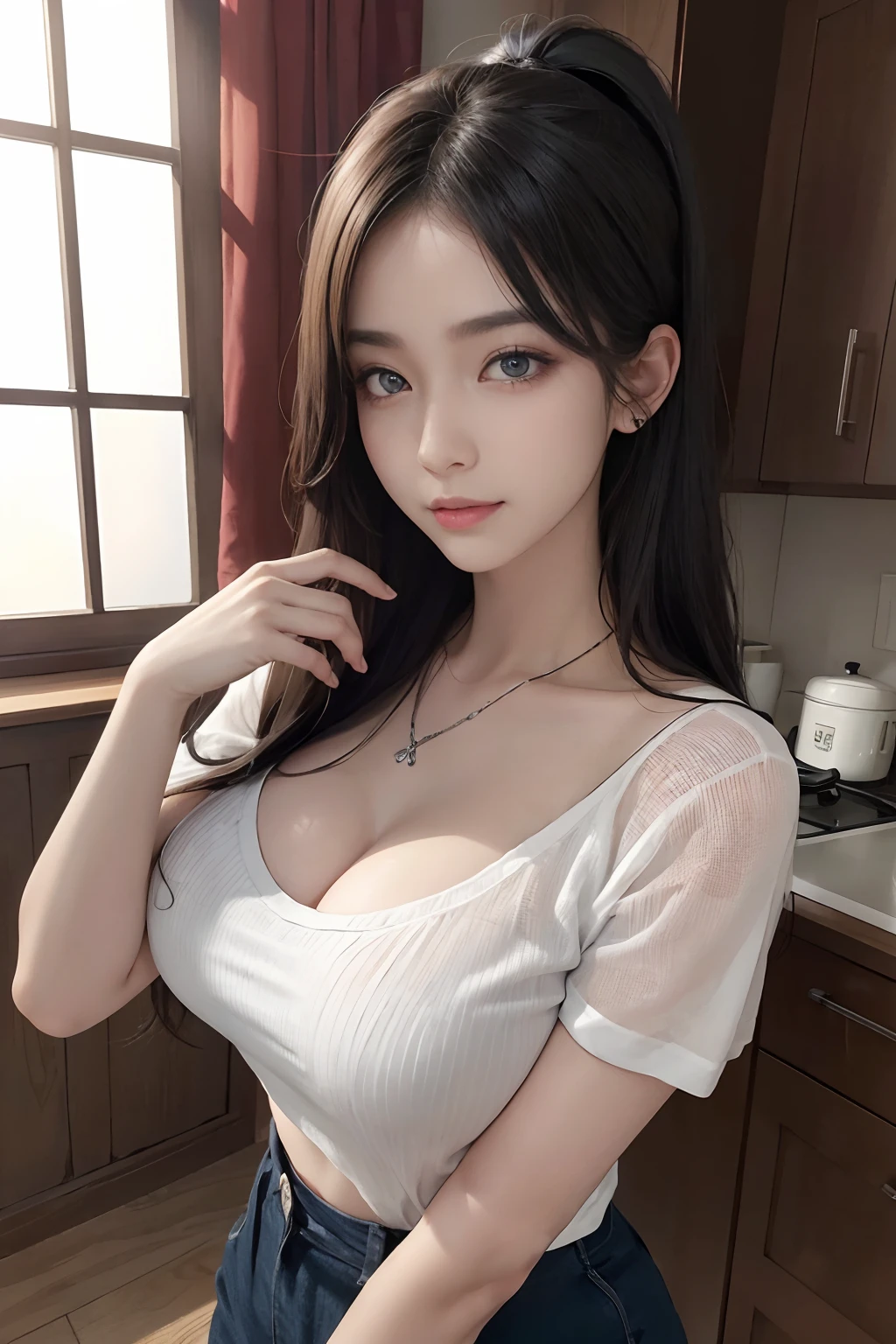 (A hyper-realistic)、(illustratio)、(hight resolution)、(8K)、(ighly detailed)、(Best Illustration)、(beautifully detailed eyes)、(top-quality)、(ultra-detailliert)、(masterpiece)、(Gorgeous Stage)、(详细的脸)、独奏、 1 人、Viewer's Perspective、detaileds、详细的脸、Dark、deep-shadows、lowkey、pureerosfaceace_v1、A smile、Colossal tits、Ultra High Leg Black&White studded、piercings、a necklace、Pony tail、(Hair color is gray lavender)、big breasts thin waist、Beautiful body curves、Ultra-fine makeup、