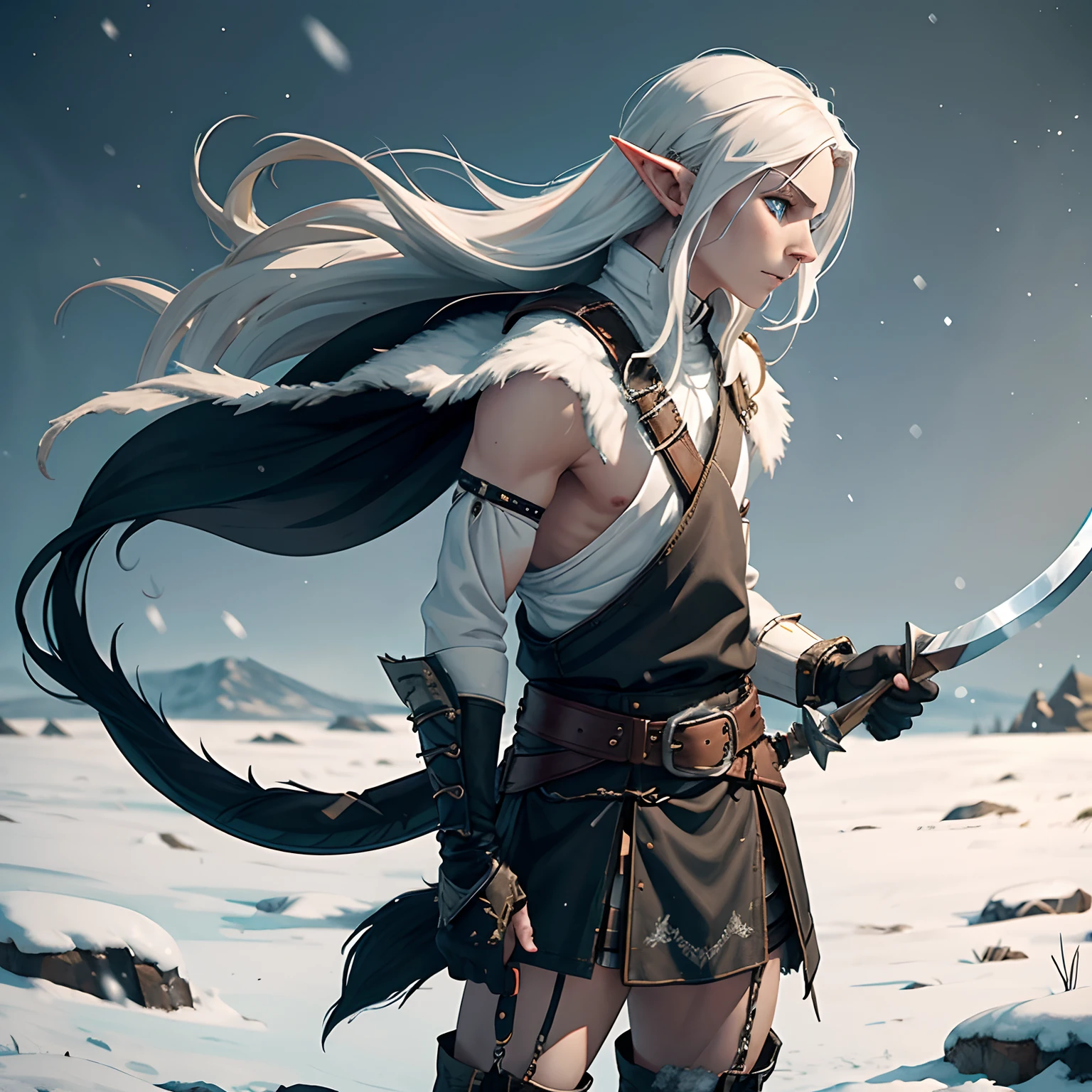 Lonely White-skinned Elf, ember. Long black hair, Collected in the tail. Leather bib and kilt. In his right hand he holds a rapier. Standing in the middle of the snowy tundra