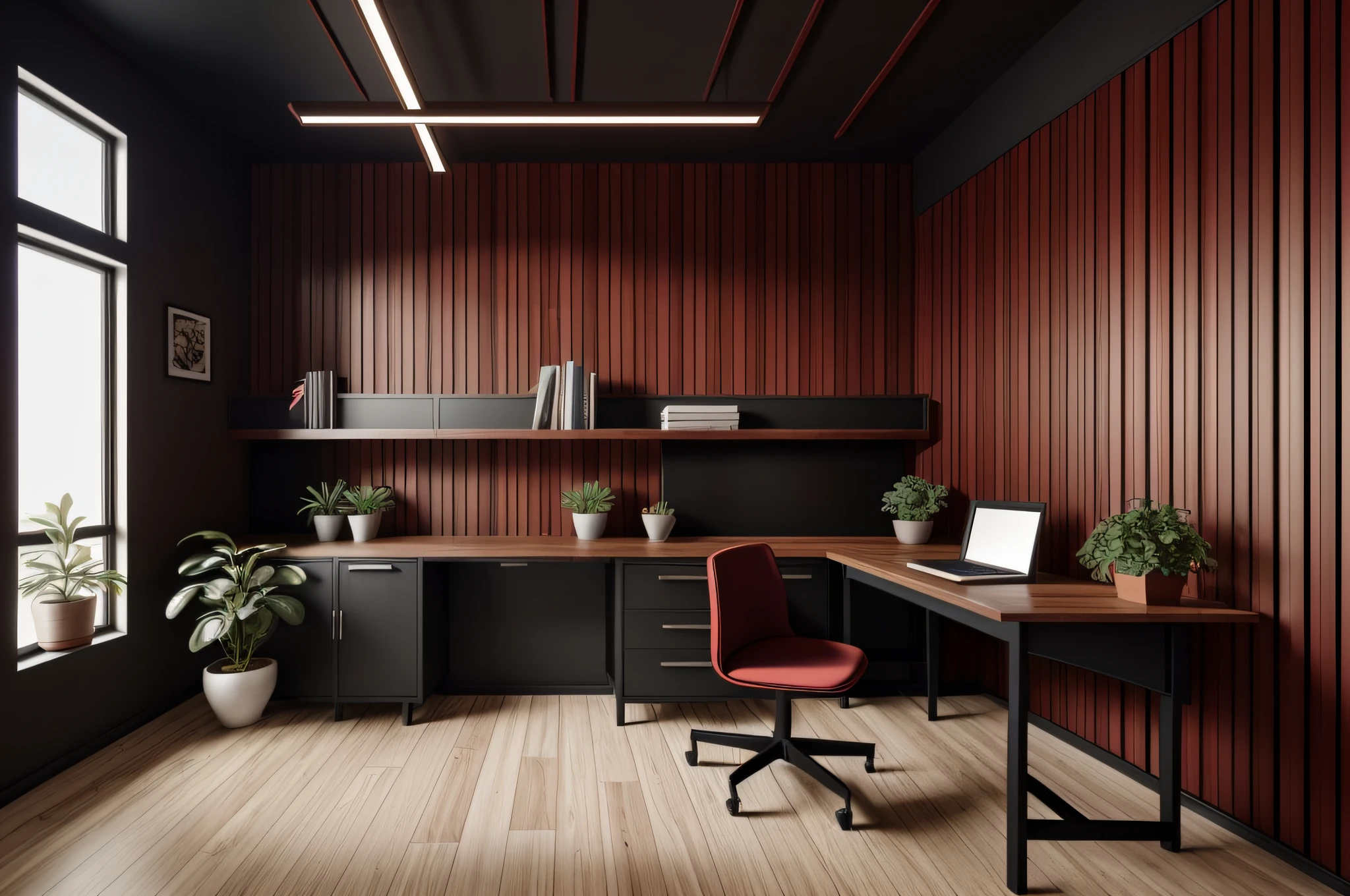 Workroom, a wooden desk , Archviz, magazine ad, artstarion trend, 1970s office background, dark red and black color palette, cool wallpaper, architectural abstract ​architecture, designed with a cozy aesthetic!, unrealistic rendering, Behind the table is a wall with vertical dark wooden slats, potted plants