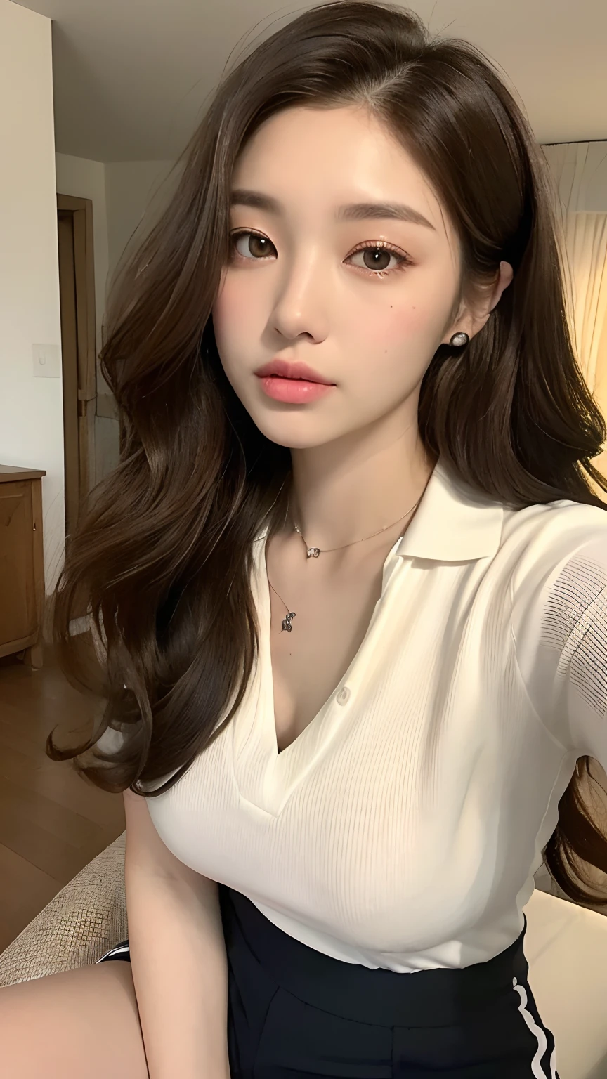 （real， High resolution：1.3）， 1 Girl with perfect body， very detailed face and eyes，long hair， random color tank top：1.2， jeans coat， gross breasts，expose the neckline
