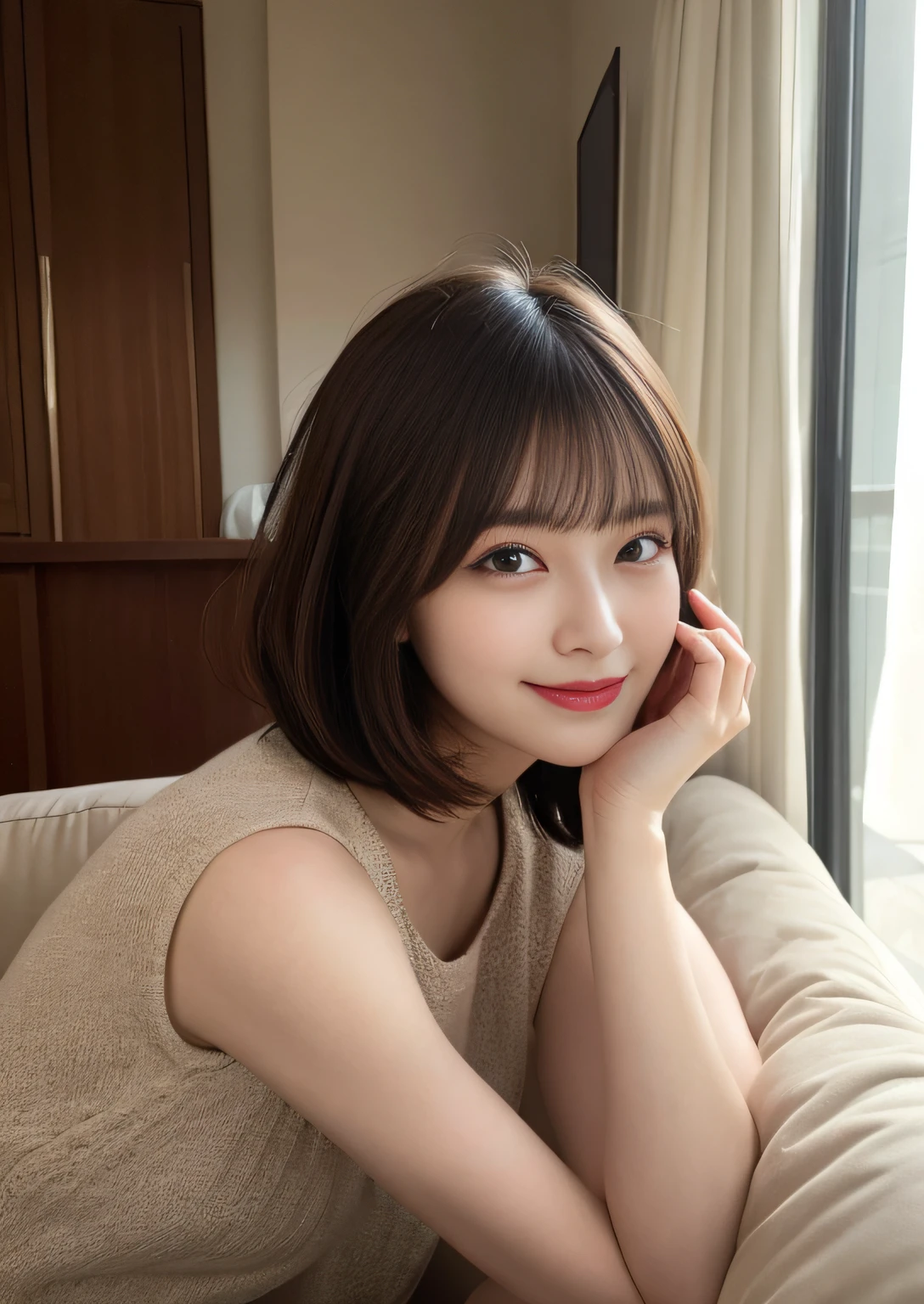 finely detail, hight resolution, hightquality、Perfect dynamic composition, Beautiful detailed eyes, Bob Layer Cut、Natural Color Lip, despise、frombelow、a couple、Lovers、Man and woman sitting on sofa、Muscular 35 year old man and 25 year old woman、Transparent skin、Glowing hair、Bedrooms、inside in room、frontage、beauty legs、Shake your head、Genius genius smile、A slight smil、A smile、Looking at the camera