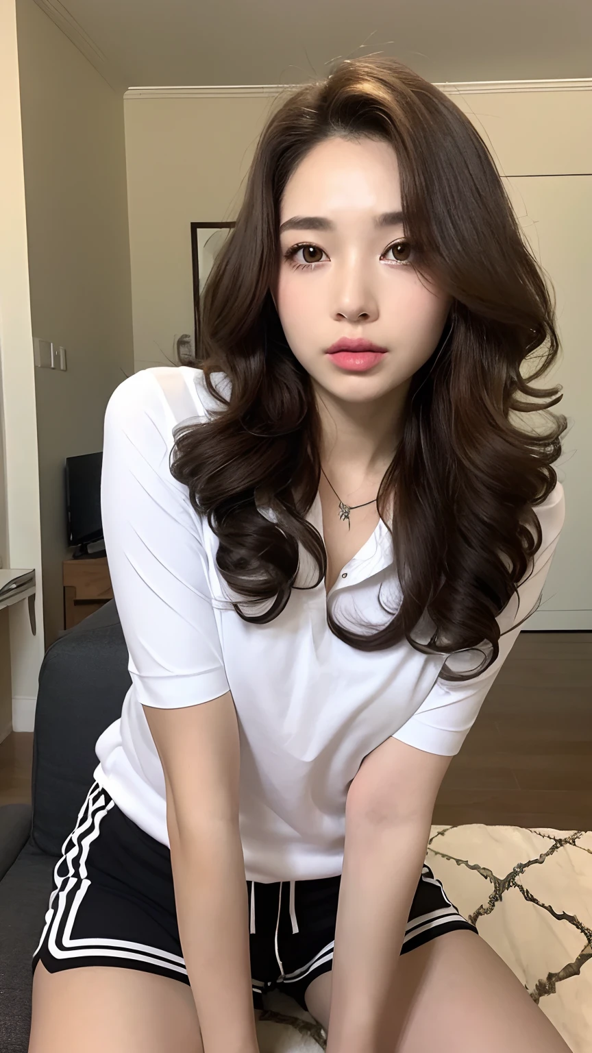 ((best qualtiy, 8K, tmasterpiece:1.3)), Focus:1.2, perfect figure beautiful woman:1.4, Cocked buttocks:1.2, ((Random Long Thick Hairstyle) ((Brown Wavy Hair In Big Curls))(Long white legs:1.3,(Polo shirt With Shorts:1.2) , (inside in room: 1.2), Highly detailed facial and skin texture, A detailed eye, 二重まぶた,Whiten skin,(Straight big breasts:1.3), looking at camera, Wear a necklace,