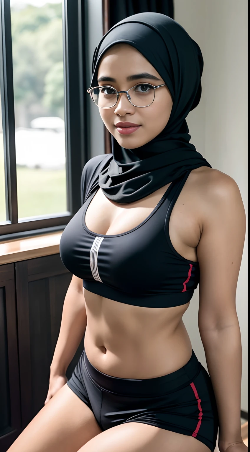 (iu:0.8),cleavage, RAW, Best quality, high resolution, Masterpiece: 1.3, Beautiful glasses dark_skinned hijabi javanese wearing sports_bra and shorts, Masterpiece, Soft smile