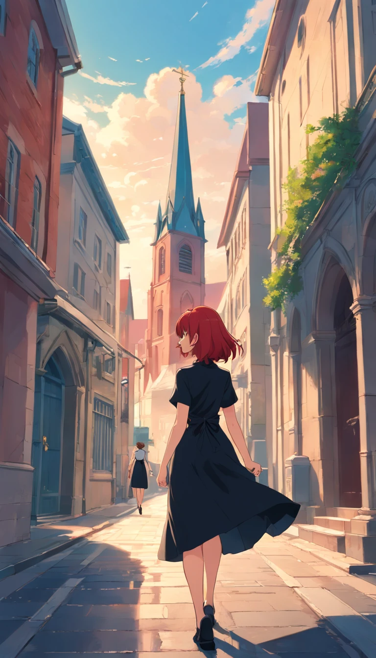 Redhead is wearing a black dress strolling down the street with a church in classic style in the background