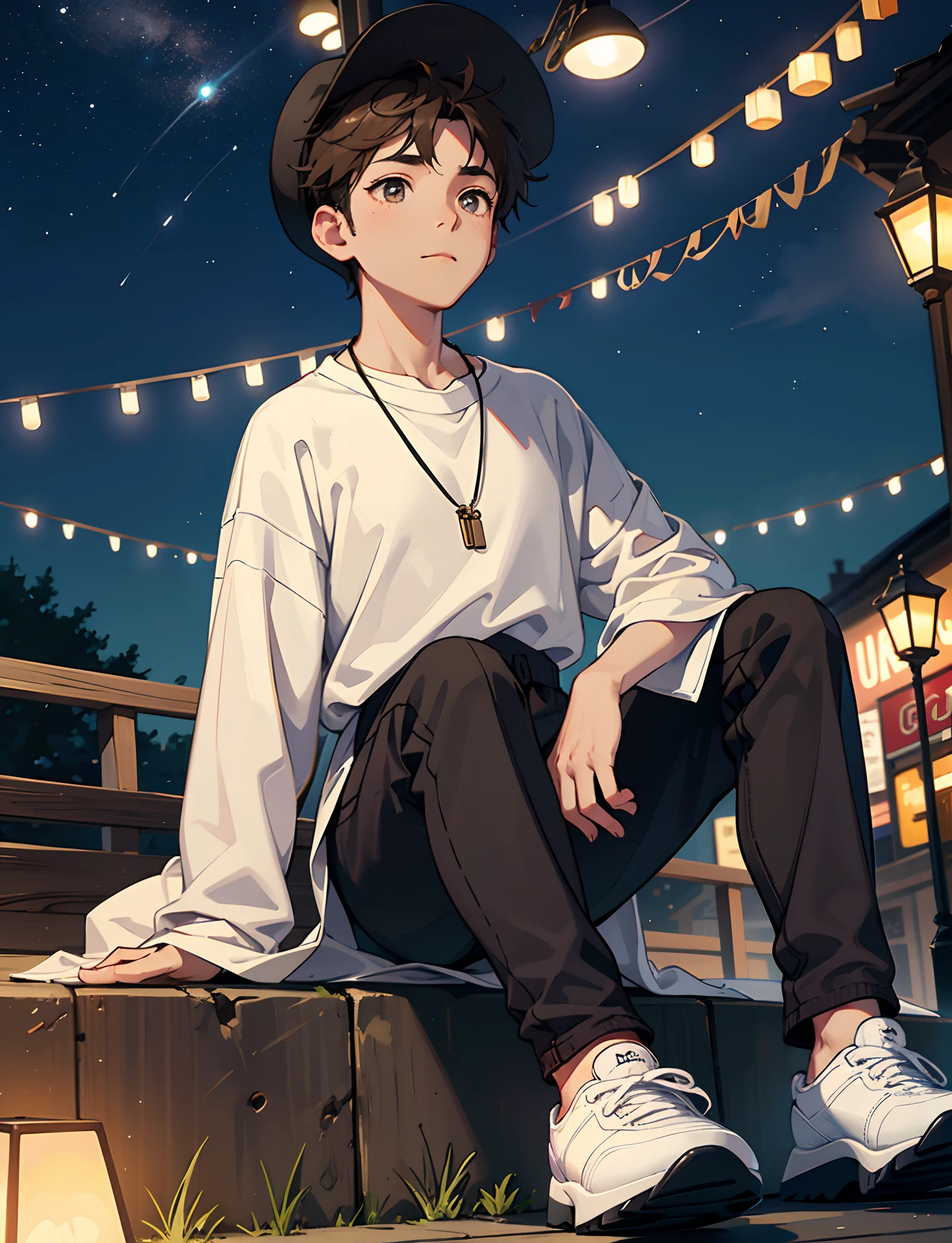 A young boy with，Dressed in casual attire，Wear sneakers，With a necklace，Sit under a street lamp，the night，looking up and counting the stars in the sky，Close-up of people，Ultra-high definition