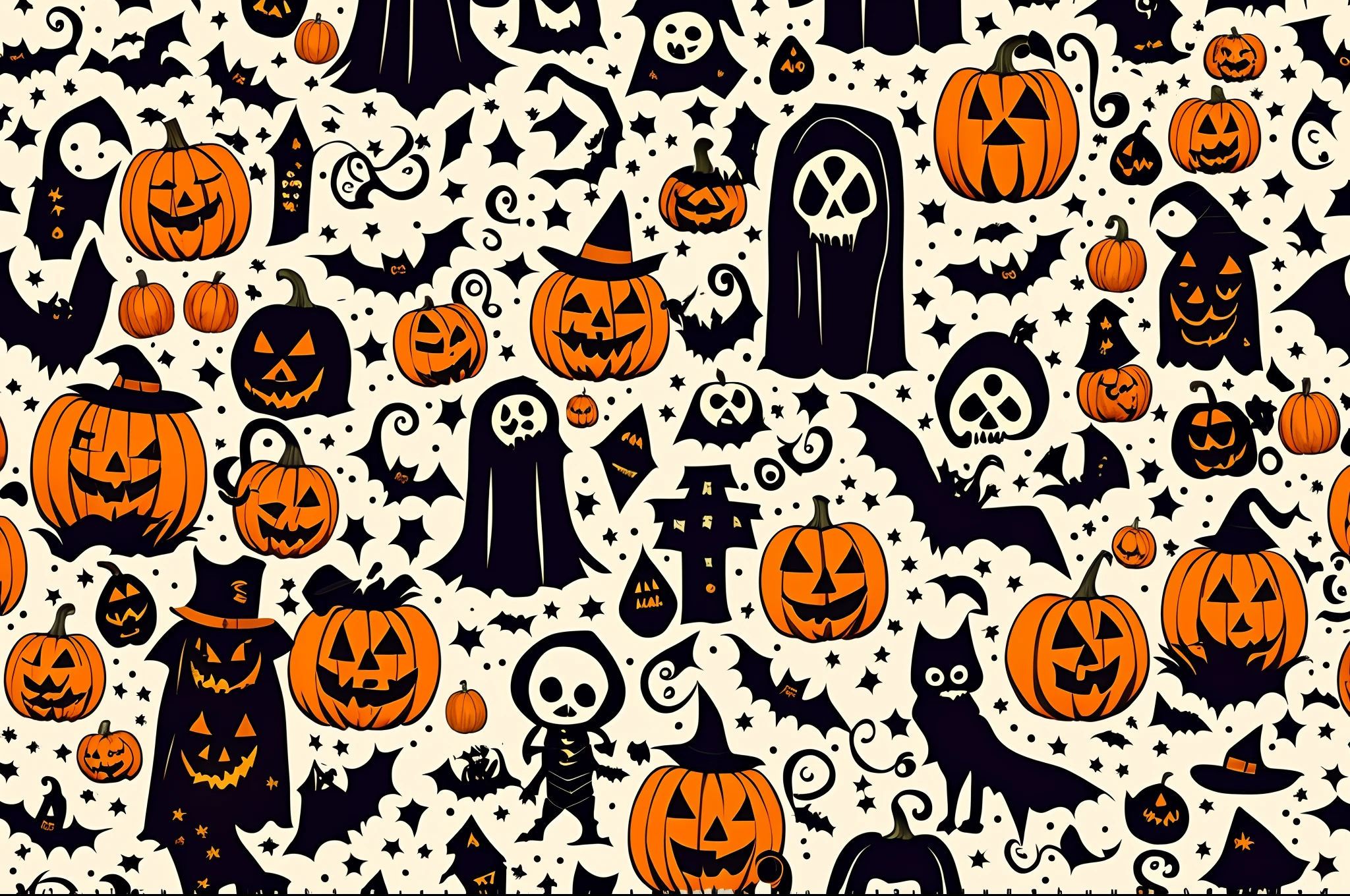 a close up of a halloween themed background with pumpkins and ghosts, halloween wallpaper with ghosts, halloween theme, spooky halloween theme, halloween art style, scary magical background, halloween celebration, halloween, spooky halloween night, halloween scene, seamless pattern design, halloween atmosphere, horror spooky, haunted background, halloween night, trick or treat, horror themed, scary style, o pattern