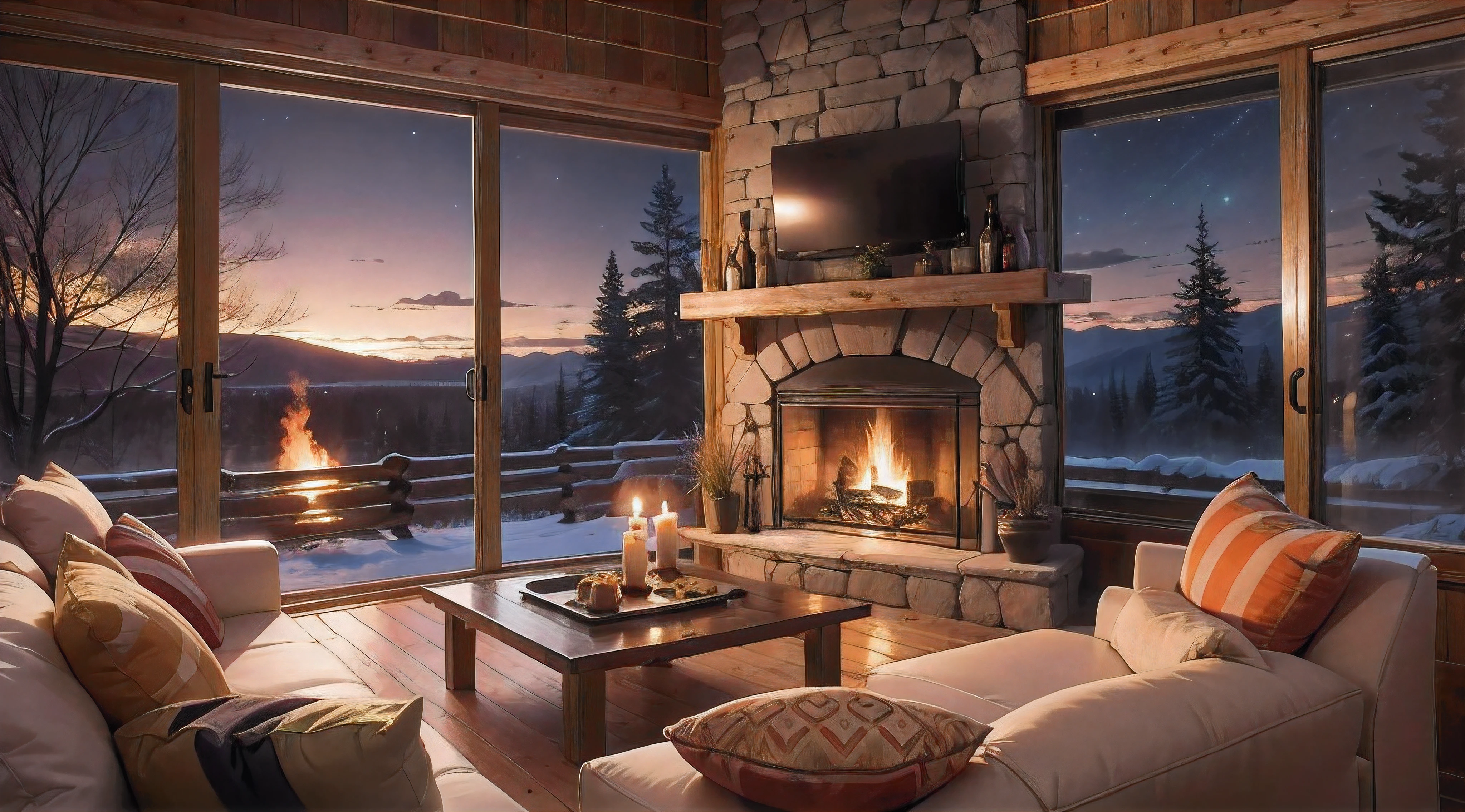 Wooden cabin living room anime background, this night outside](cozy atmosphere), (subtle lighting), bright stone fireplace fire, this best quality evening, transparent glass windows
