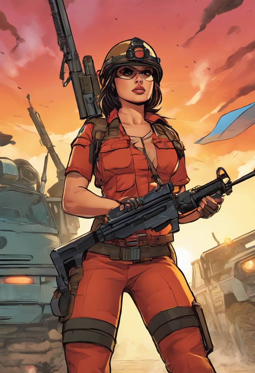 (best quality,4k,8k,highres,masterpiece:1.2),ultra-detailed,(realistic,photorealistic,photo-realistic:1.37),Latina female soldier,short hair,holding a machine gun,battlefield background,military uniform,tough and determined expression,intense action,smoke and gunfire,vivid colors,realistic lighting