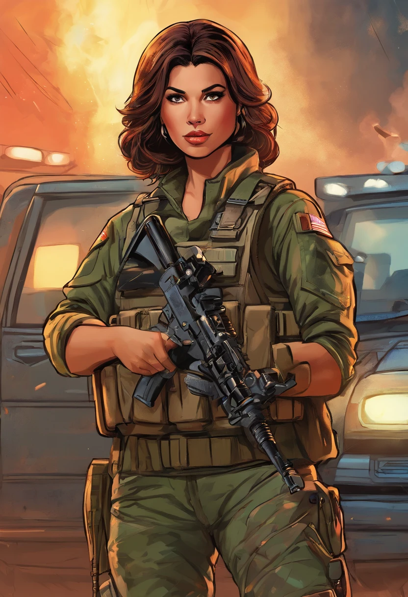 (best quality,4k,8k,highres,masterpiece:1.2),ultra-detailed,(realistic,photorealistic,photo-realistic:1.37),Latina female soldier,short hair,holding a machine gun,battlefield background,military uniform,tough and determined expression,intense action,smoke and gunfire,vivid colors,realistic lighting