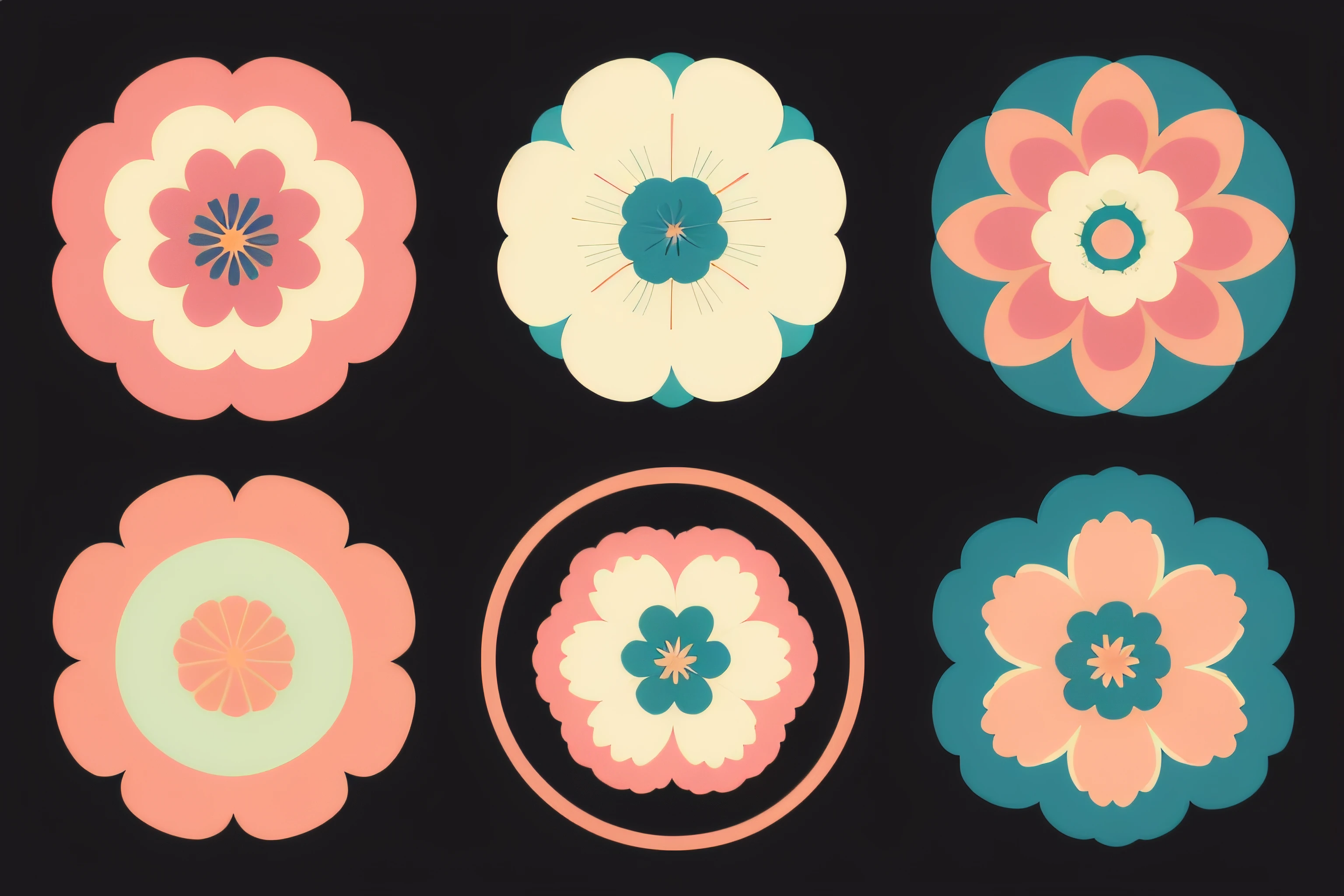 Aesthetic flowers, retro design pattern, multicolored, ((simple)), ((flowers do not protrude from the edges)).