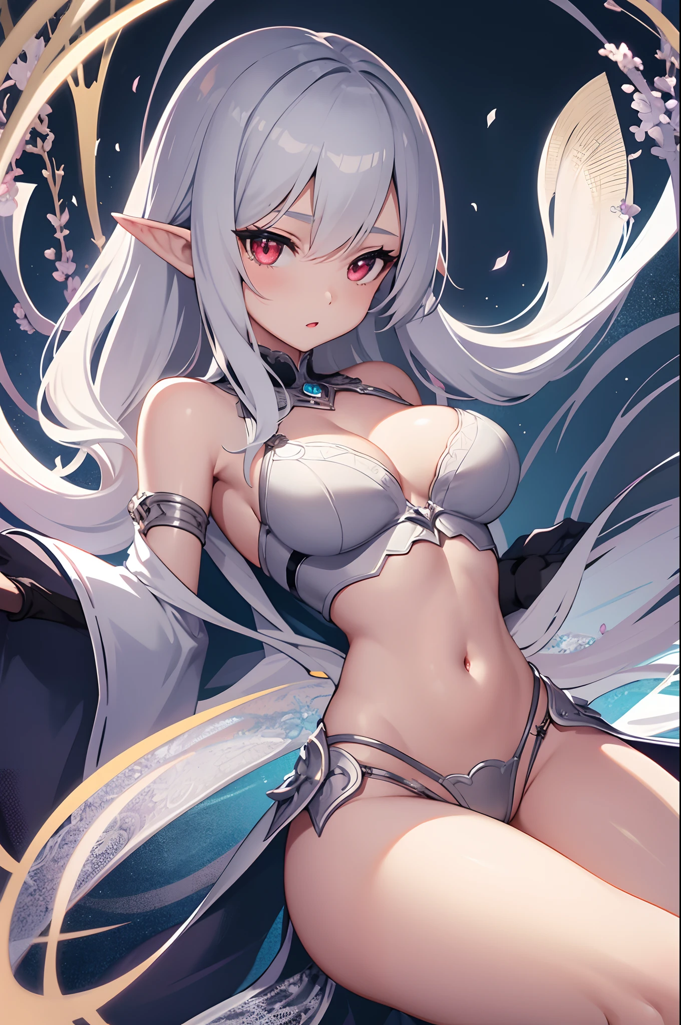 1girl, anime, cute girl, elf, blank background, white background, fantasy, detailed dark fantasy dress with highlights, beautiful face, beautiful eyes, dark colors, medium breasts, slight cleavage, beautiful skin, cute, silver hair, red eyes, breast curtains, extremely delicate and beautiful, (beautiful detailed face:1.0), (detailed deep eyes), symmetrical breasts, deep eyes, shiny skin, portrait, slender waist, hips wider than shoulders, thighs, young girl