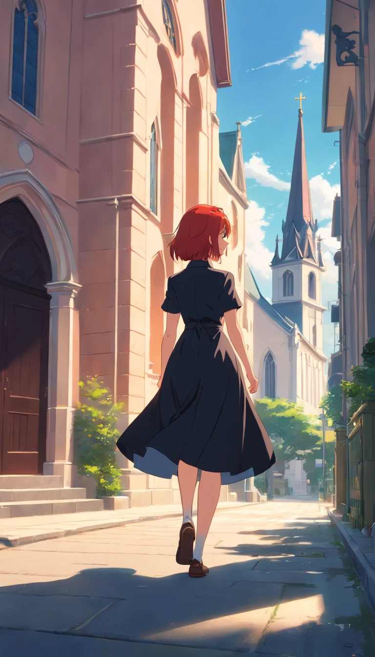 Redhead is wearing a black dress strolling down the street with a colonial-style church in the background